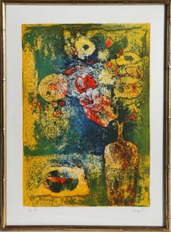 Fiori sul tavolo, litografia astratta incorniciata di Hoi Lebadang
