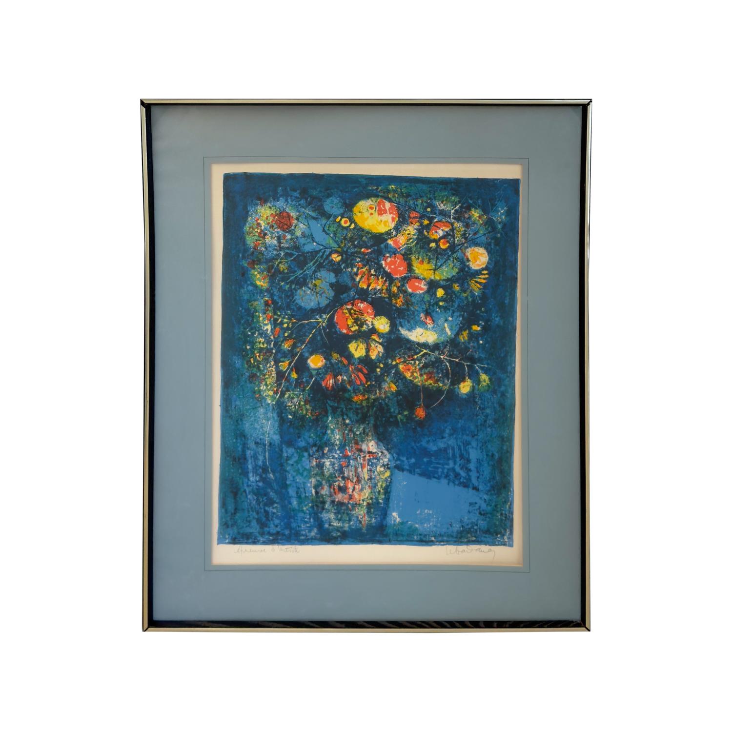 A floral still life lithograph by the renowned artist Hoi Lebadang (Vietnamese/ French 1922- 2015).  In this exquisite art work, Lebadang captures the essence of nature's beauty with precision and grace. A vibrant bouquet of flowers gracefully