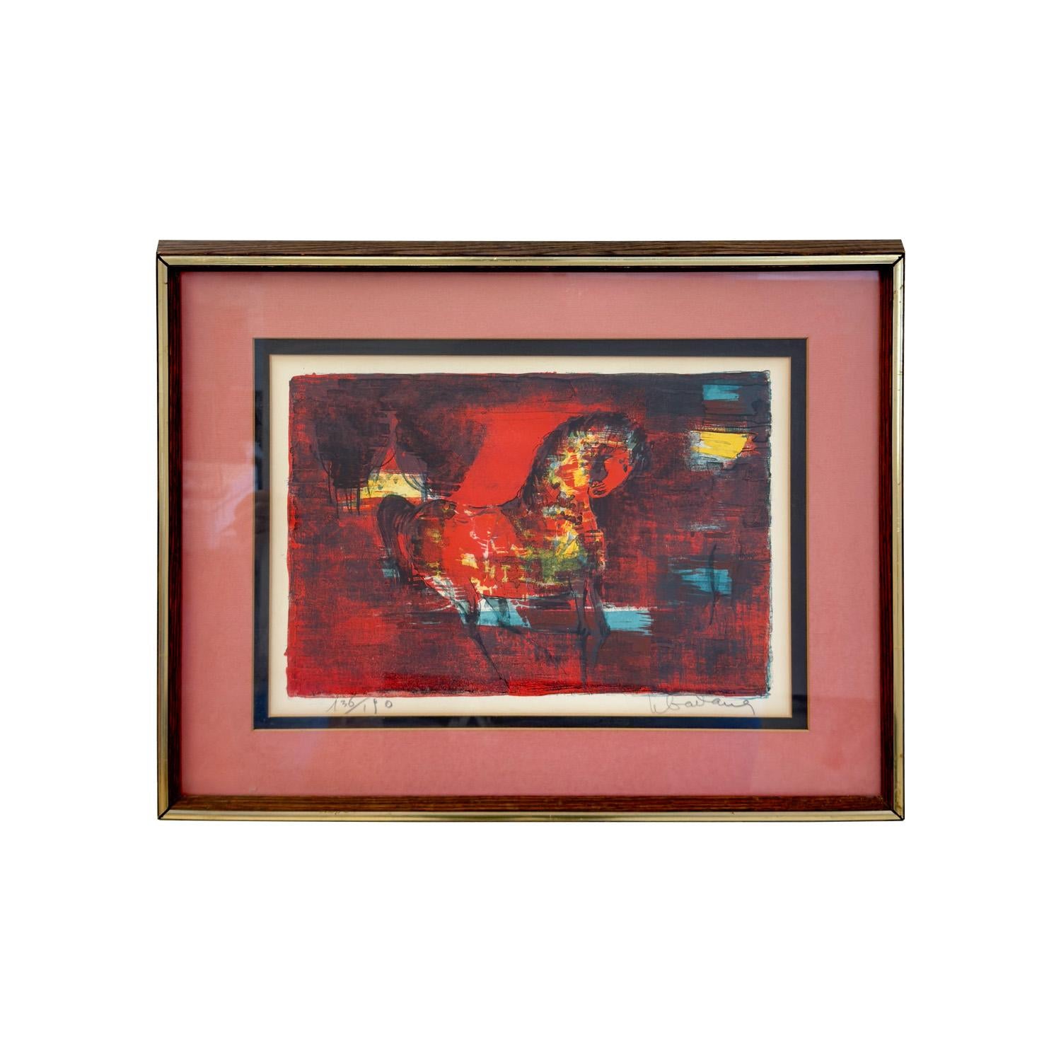 Hoi Lebadang Horse in Red Lithograph, Signed , Numbered & Framed 