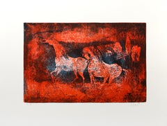 Vintage Horses in Red and Blue, Lithograph by Hoi Lebadang