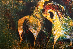 Horses in Moonlight, Folk Art Equestrian Lithograph by Lebadang