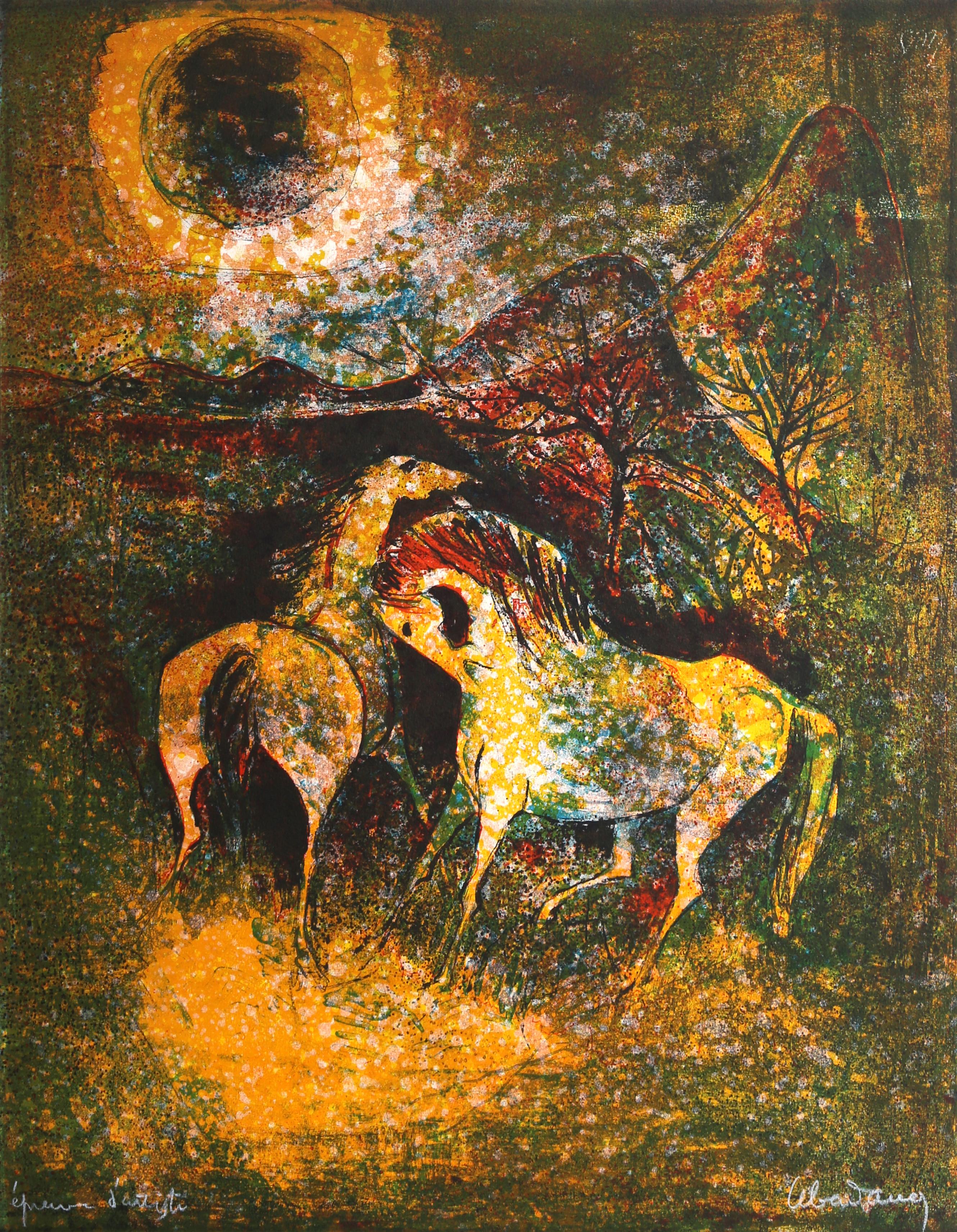 Hoi Lebadang Landscape Print - Horses in the Moonlight, Lithograph by Lebadang