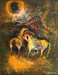 Vintage Horses in the Moonlight, Lithograph by Lebadang