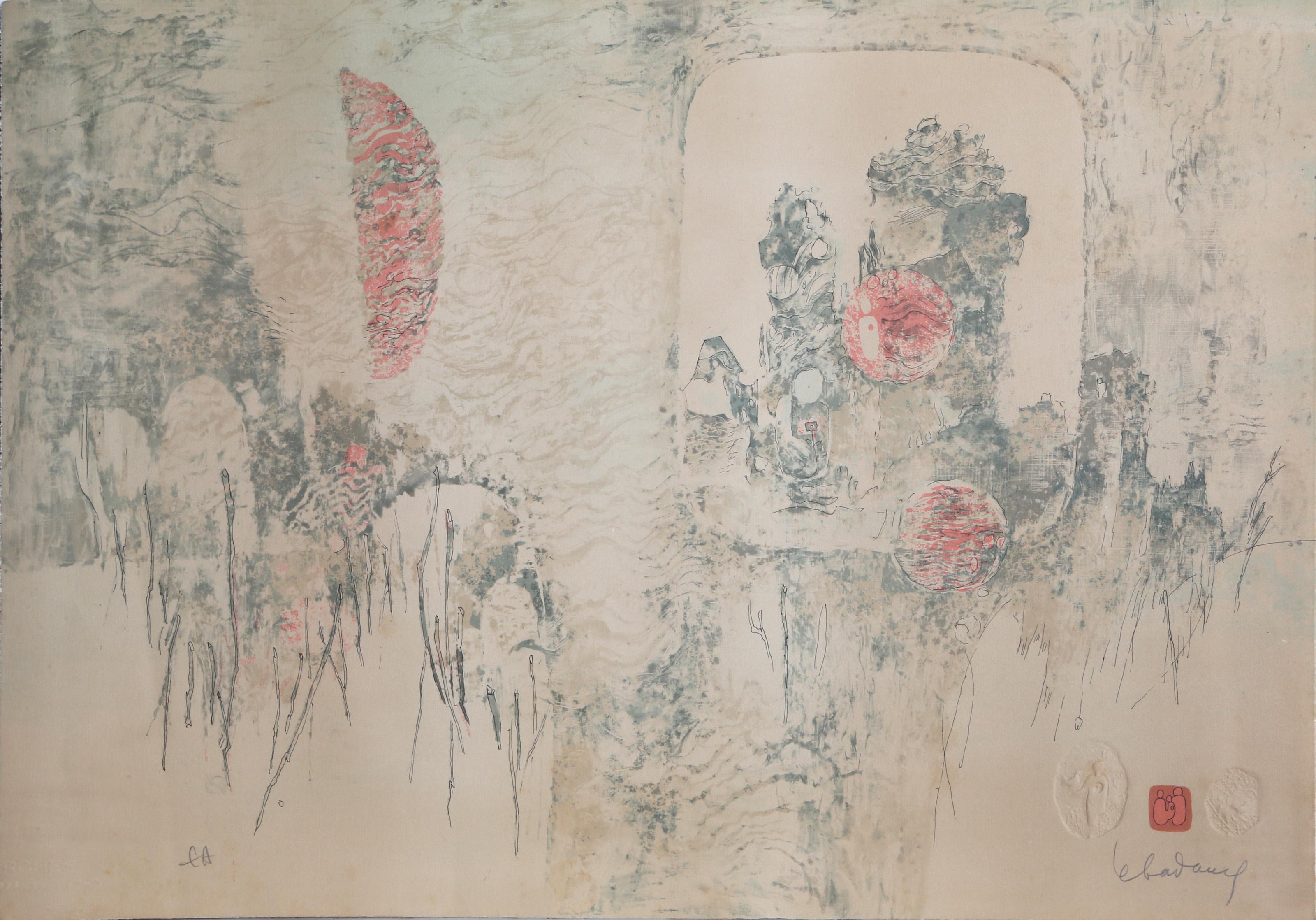 Hoi Lebadang (alias Hoi), vietnamita (1922 - 2015) -  Cavalli che si stanno allevando alla finestra. Anno: circa 1970, Medium: Acquaforte con rilievo, firmata a matita, Edizione: EA, Dimensioni: 24  x 34.5 in. (60.96  x 87.63 cm) 