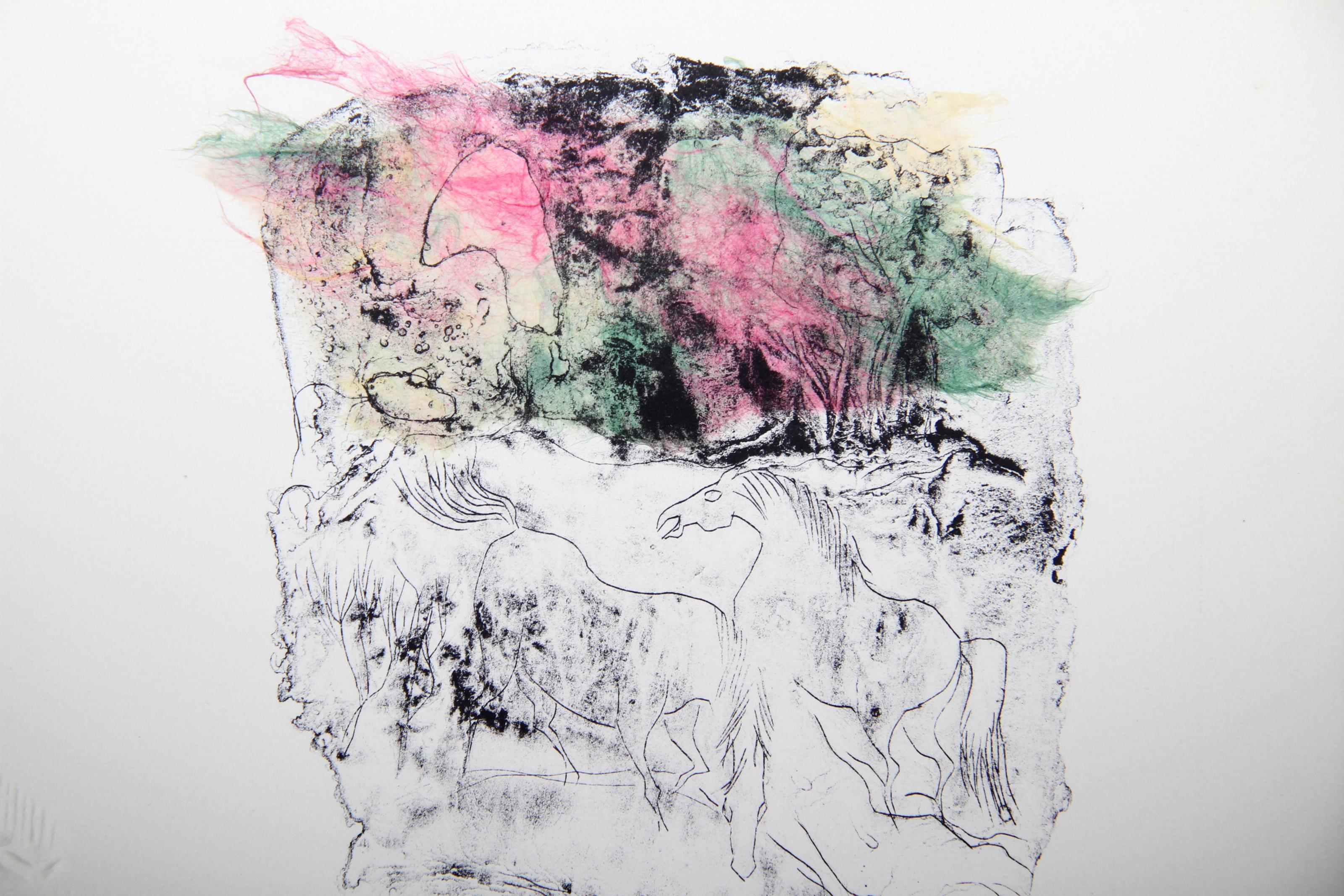 Horses - Variation 12 (Blue, Pink and Green), Hand-Colored Lithograph - Abstract Print by Hoi Lebadang