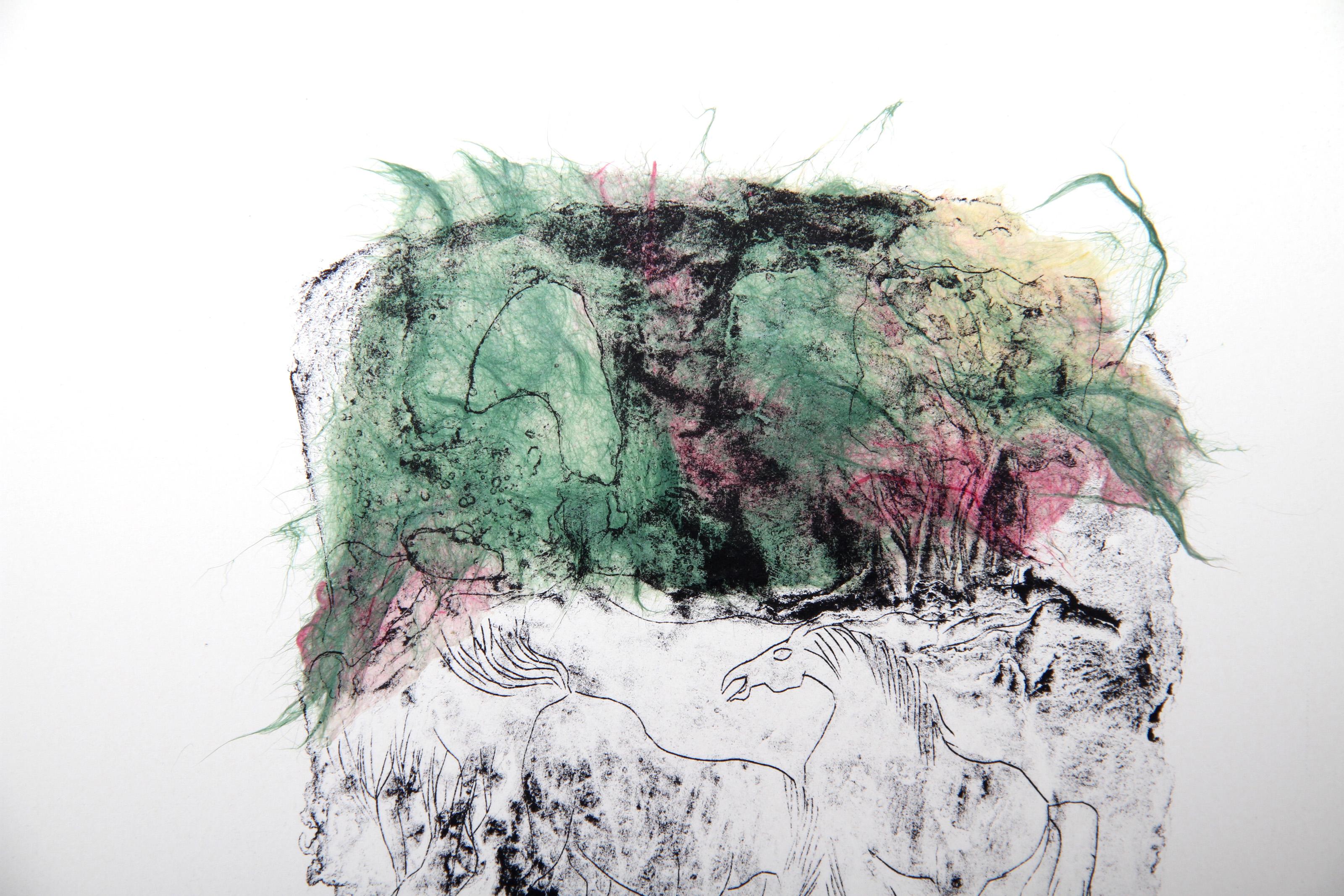 Horses - Variation 2 (Blue and Green), Hand-Colored Lithograph by Hoi Lebadang For Sale 1
