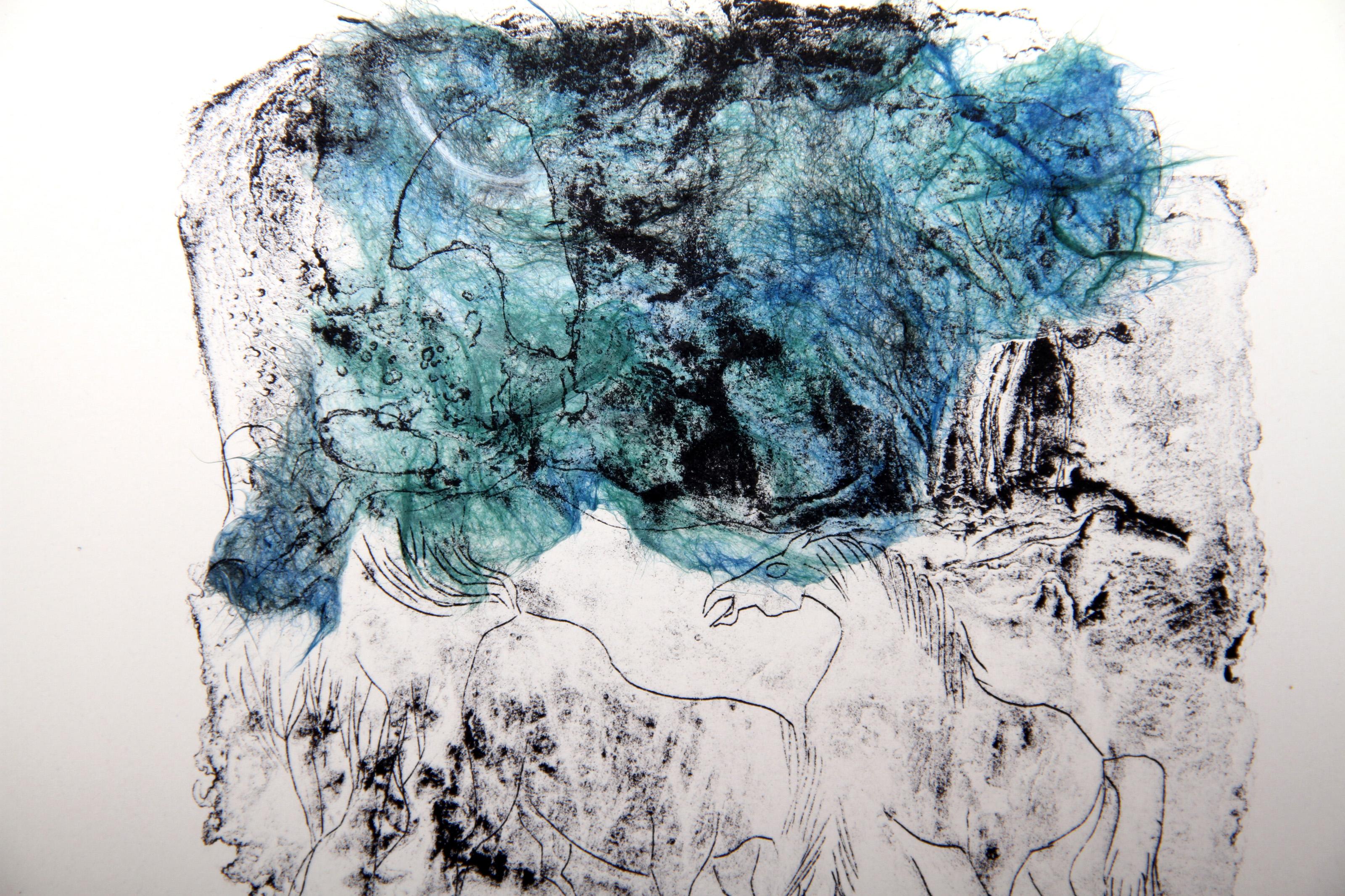 Lebadang (aka Hoi), Vietnamese (1922 - 2015) -  Horses - Variation 3 (Pink, Green, and Blue). Medium: Hand-Colored Lithograph, signed in pencil, Edition: EA, Size: 22.5  x 30 in. (57.15  x 76.2 cm) 