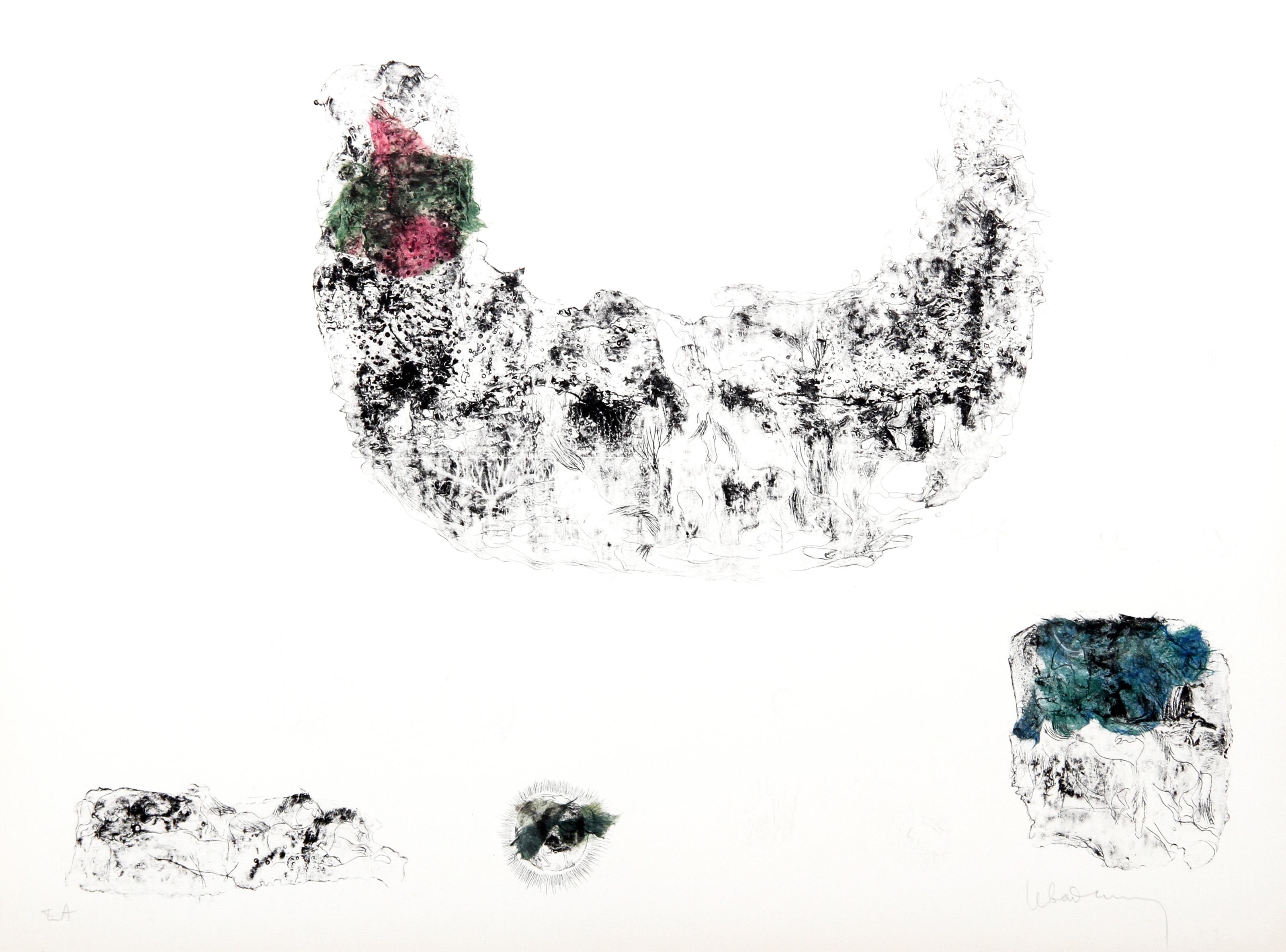 Horses - Variation 3 (Pink, Green, and Blue), Hand-Colored Lithograph - Print by Hoi Lebadang