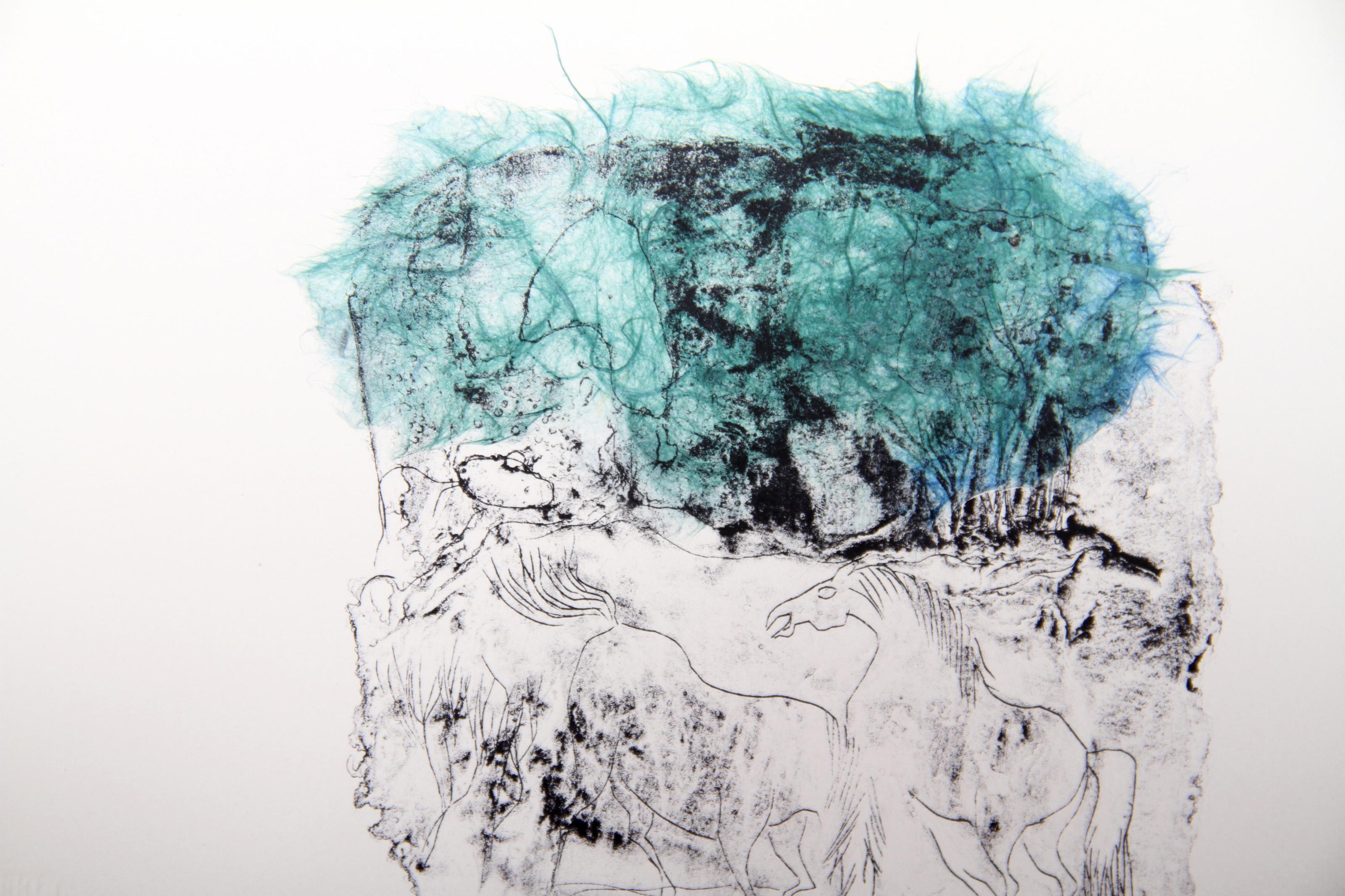 Horses - Variation 5 (Green and Blue), Hand-Colored Lithograph by Hoi Lebadang For Sale 1