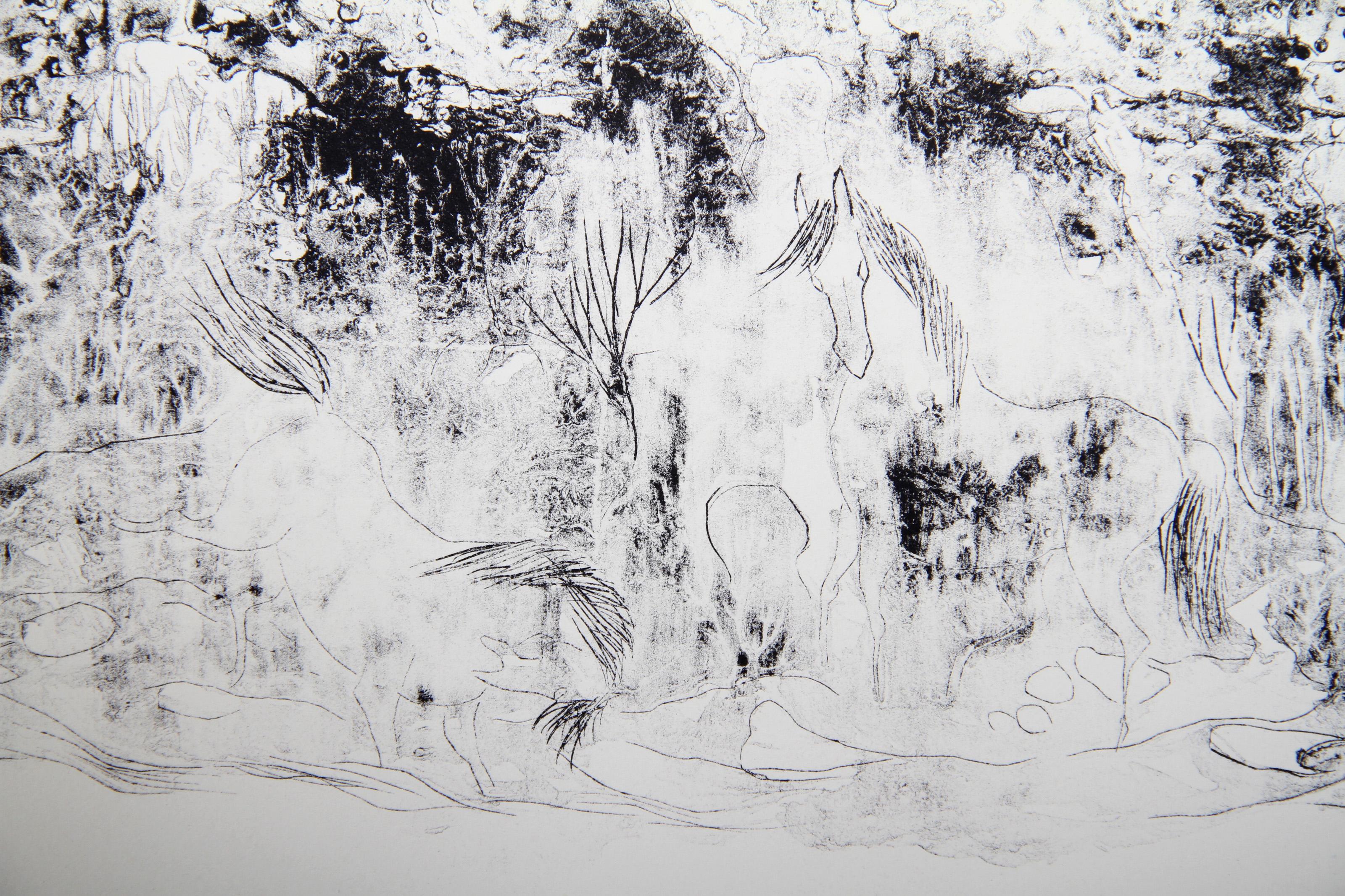 Horses - Variation 5 (Green and Blue), Hand-Colored Lithograph by Hoi Lebadang For Sale 2