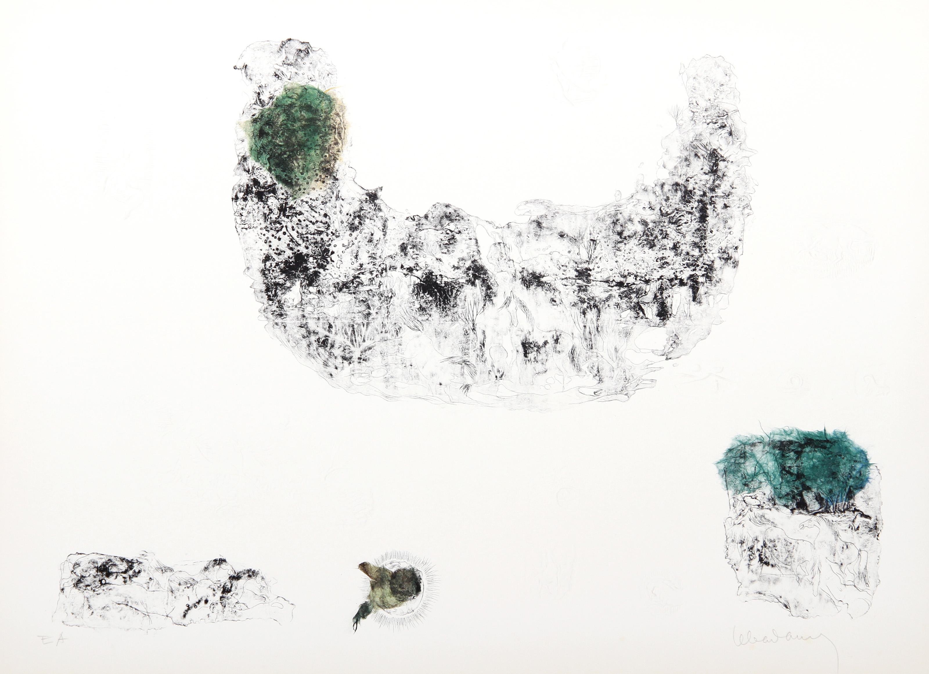 Lebadang (aka Hoi), Vietnamese (1922 - 2015) -  Horses - Variation 5 (Green and Blue). Medium: Hand-Colored Lithograph, signed in pencil, Edition: EA, Size: 22.5  x 30 in. (57.15  x 76.2 cm) 