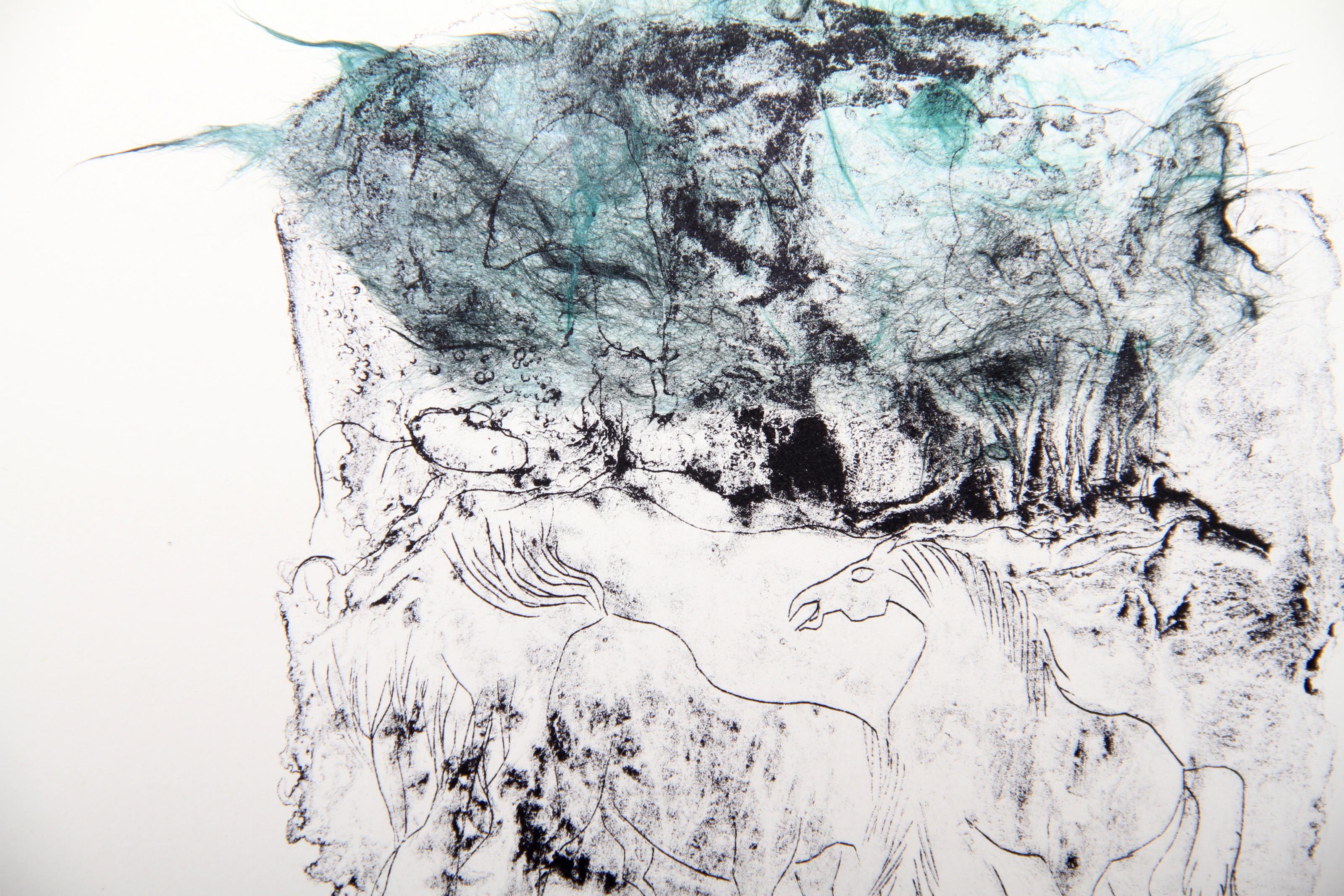 Horses - Variation 6 (Green and Blue), Hand-Colored Lithograph by Hoi Lebadang For Sale 1