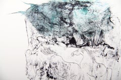 Horses - Variation 6 (vert et bleu), lithographie colorée à la main par Hoi Lebadang