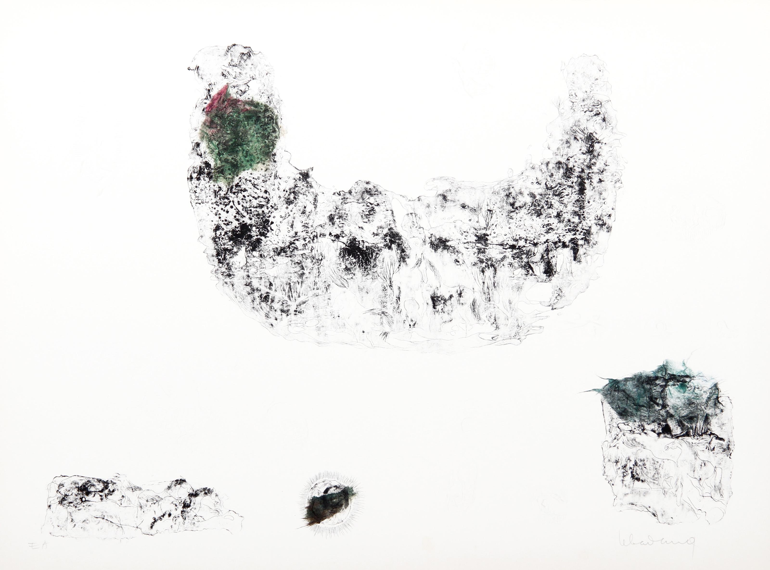 Lebadang (aka Hoi), Vietnamese (1922 - 2015) -  Horses - Variation 6 (Green and Blue). Medium: Hand-Colored Lithograph, signed in pencil, Edition: EA, Size: 22.5  x 30 in. (57.15  x 76.2 cm) 