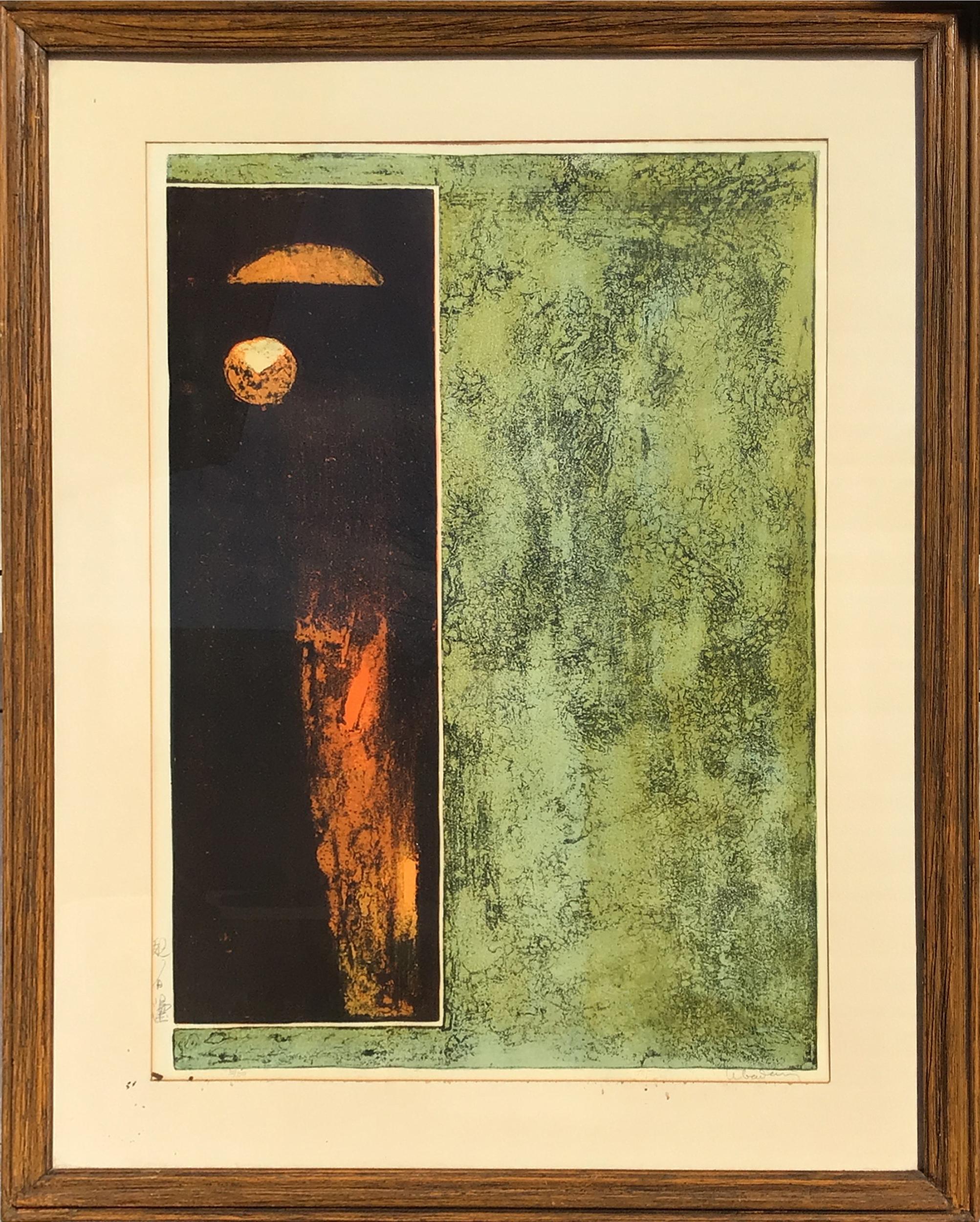 An Abstract etching by the artist Lebadang. The Minimalist composition uses only green, orange, and black to create a stark contrast of shapes. This piece is signed and numbered in pencil and nicely framed.

In Space
Lebadang (aka Hoi), Vietnamese