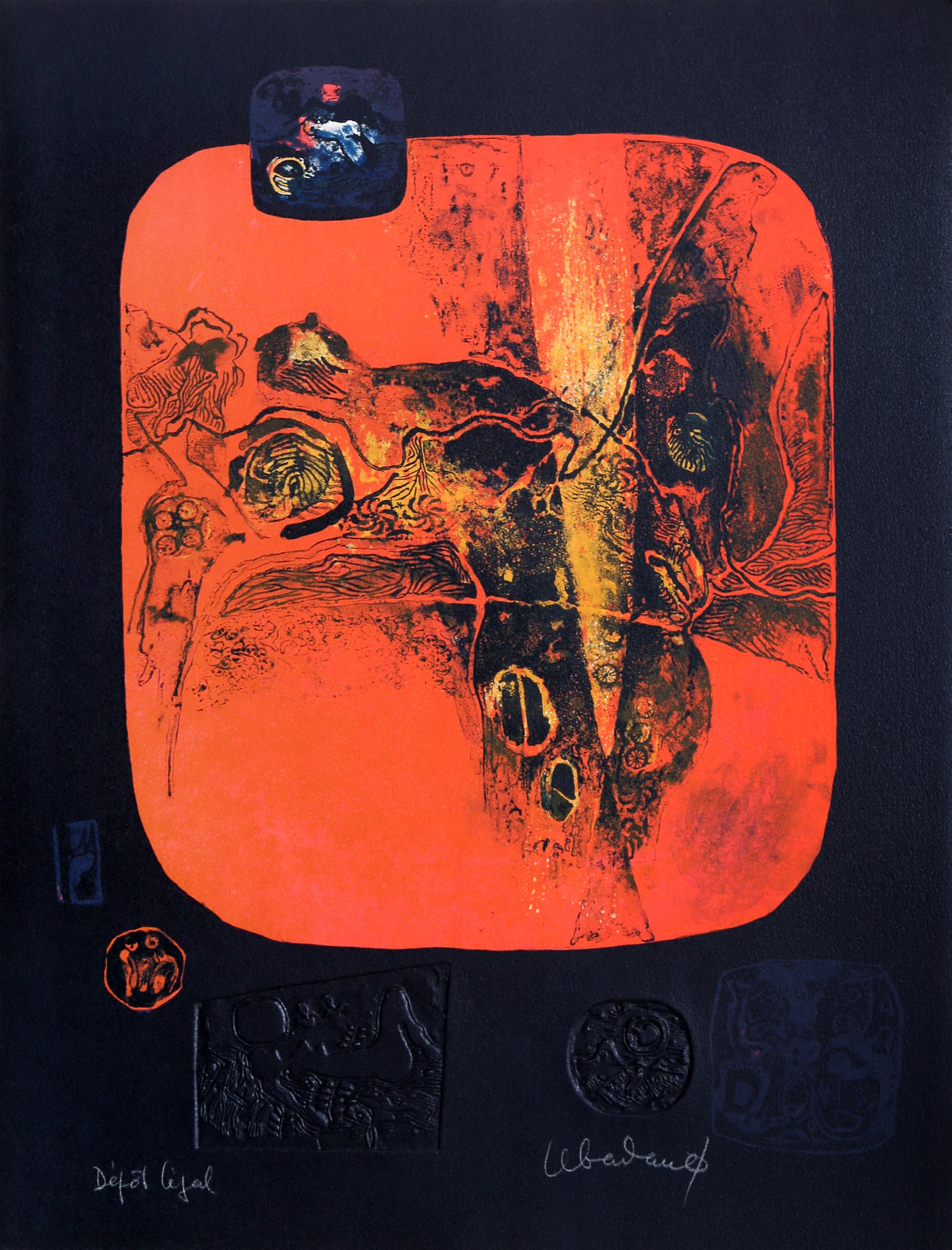 Lebadang (aka Hoi), Vietnamese (1922 - 2015) -  Landscape in Orange. Medium: Lithograph with Embossing, signed and numbered in pencil, Edition: E.A., Image Size: 17 x 14.75 inches, Size: 26 x 20 in. (66.04 x 50.8 cm), Description: Lebadang was a