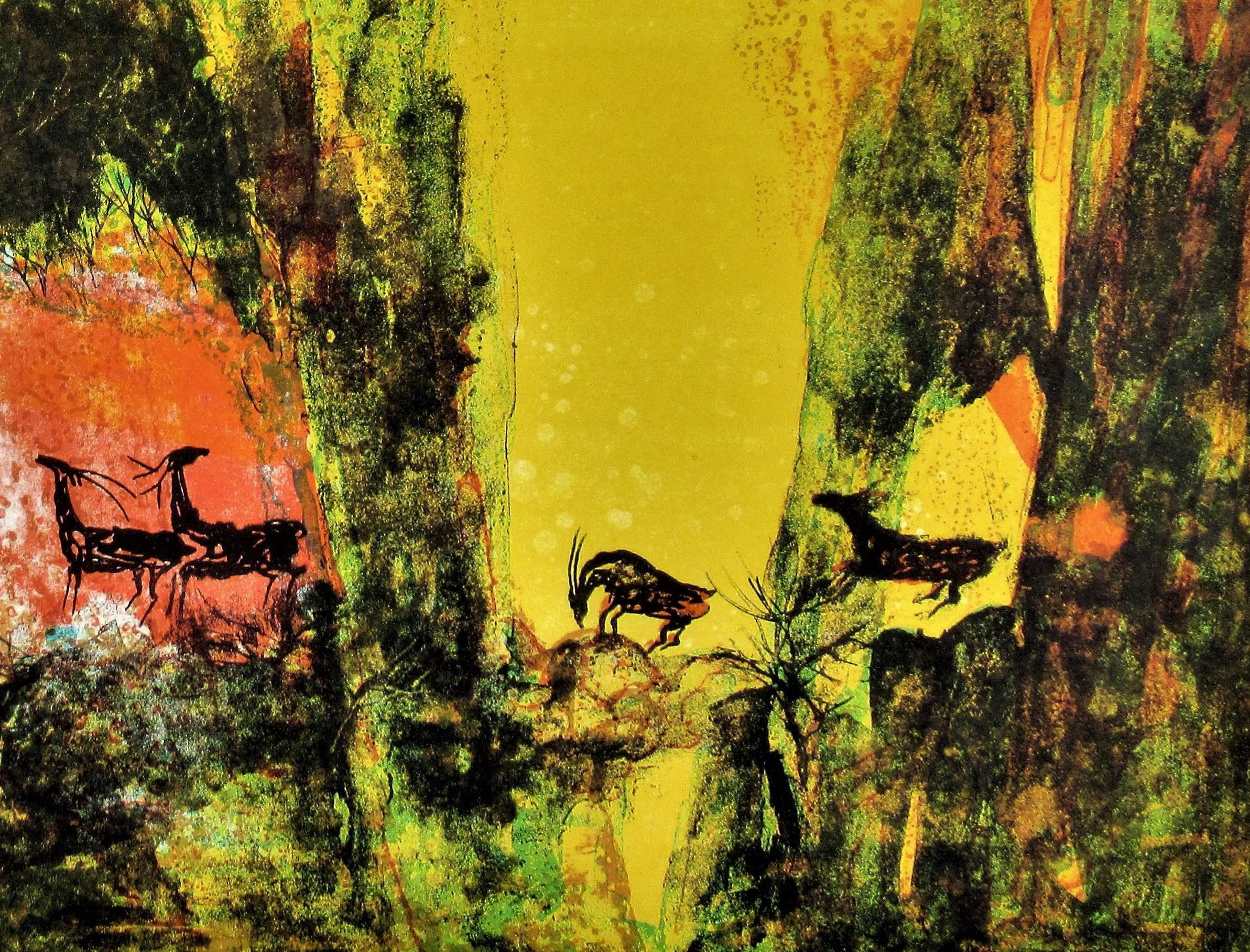 Paysage avec troupeaux de cerfs - Moderne Print par Hoi Lebadang