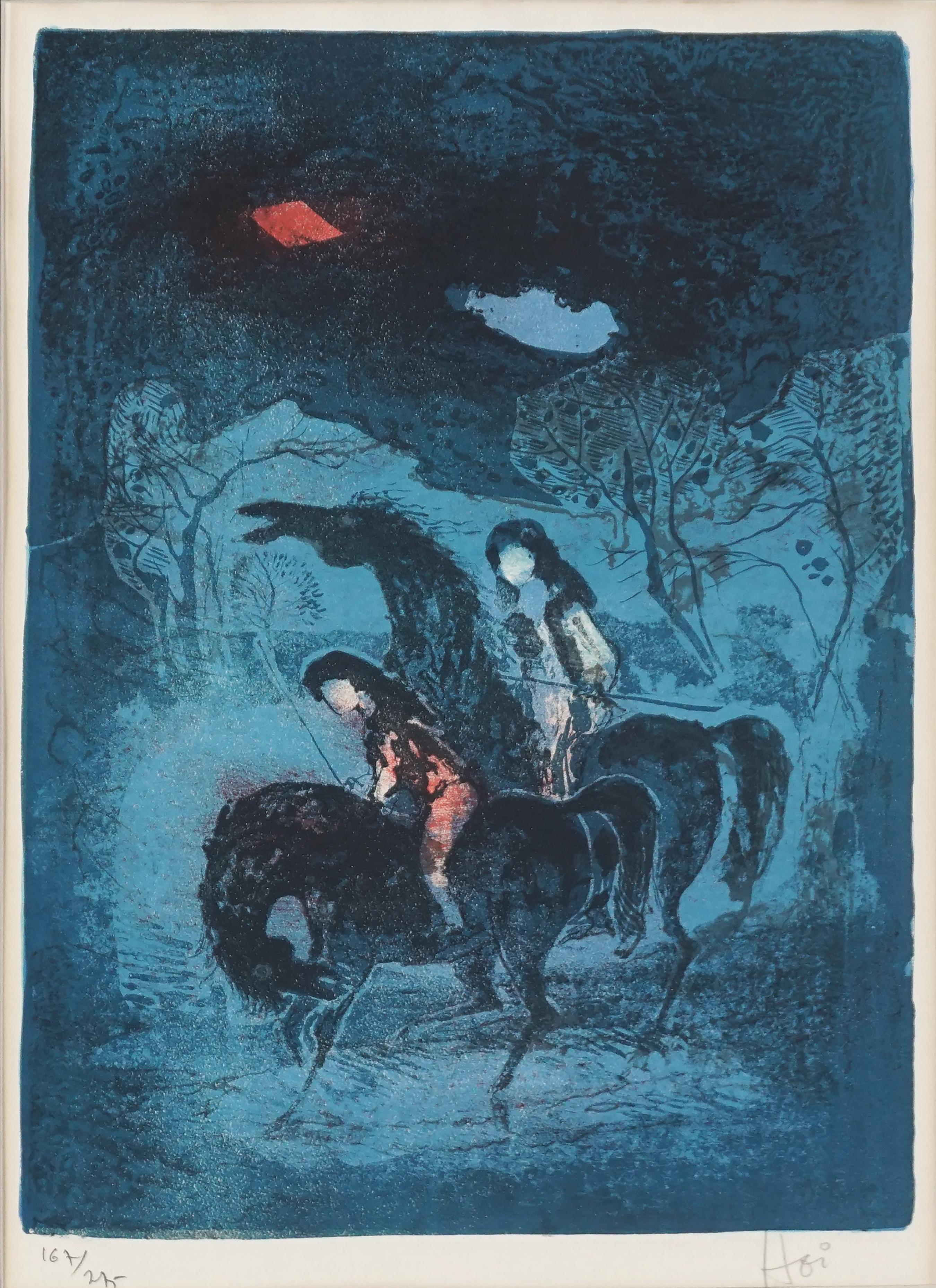 Mid Century Chevaux et Cavalières La Nuit Lithograph - Abstract Impressionist Print by Hoi Lebadang