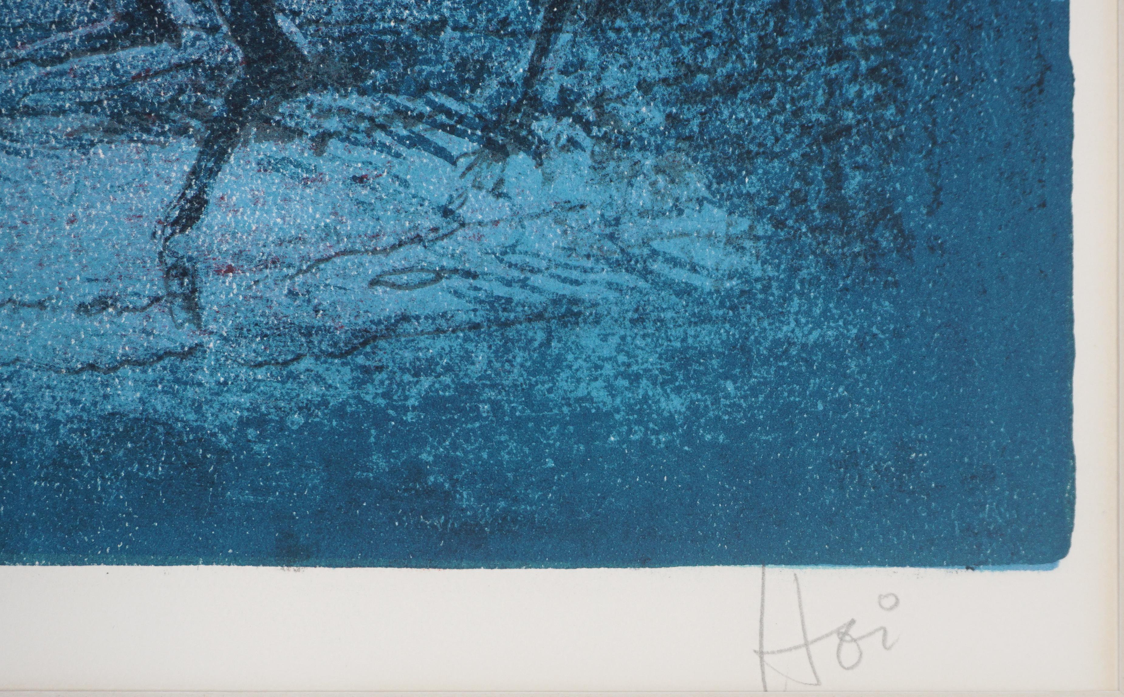Mid Century Nocturnal Horses with Riders Under Moonlight Lithograph Limited Edition

Compelling nocturnal lithograph of two women on horseback by Hoi Lebadang (Vietnamese/French: 1922 - 2015), circa 1960. Dark Prussian blue background with two women
