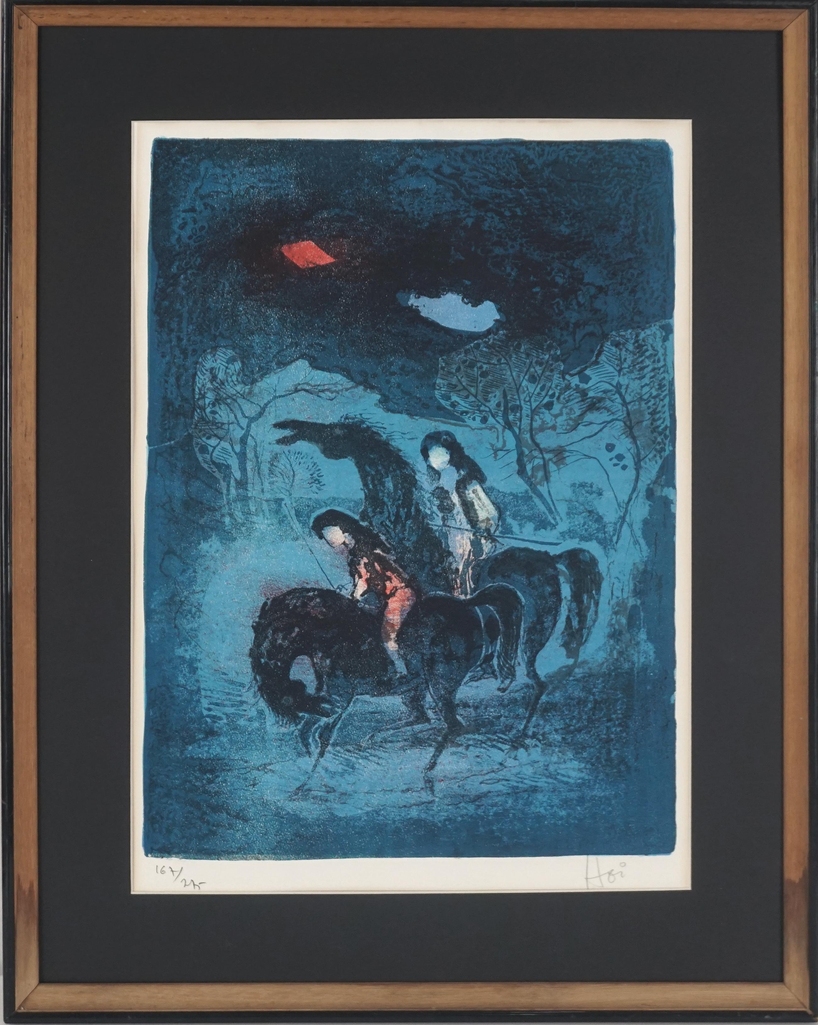Milieu du siècle Chevaux et Cavalières La Nuit Lithographie