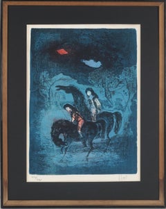 Milieu du siècle Chevaux et Cavalières La Nuit Lithographie