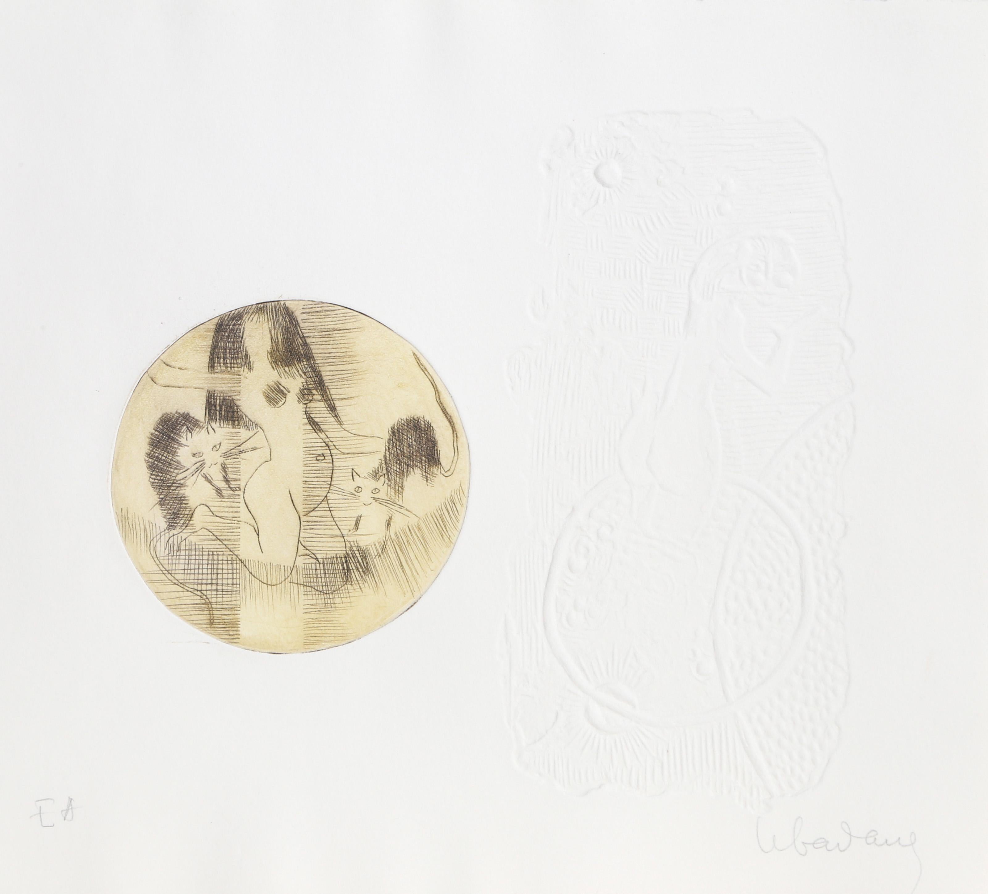 Hoi Lebadang (alias Hoi), vietnamita (1922 - 2015) -  Nudo con due gatti. Anno: circa 1970, Medium: Acquaforte con rilievo, firmata a matita, Edizione: EA, Dimensioni: 9.5  x 10 in. (24.13  x 25,4 cm) 