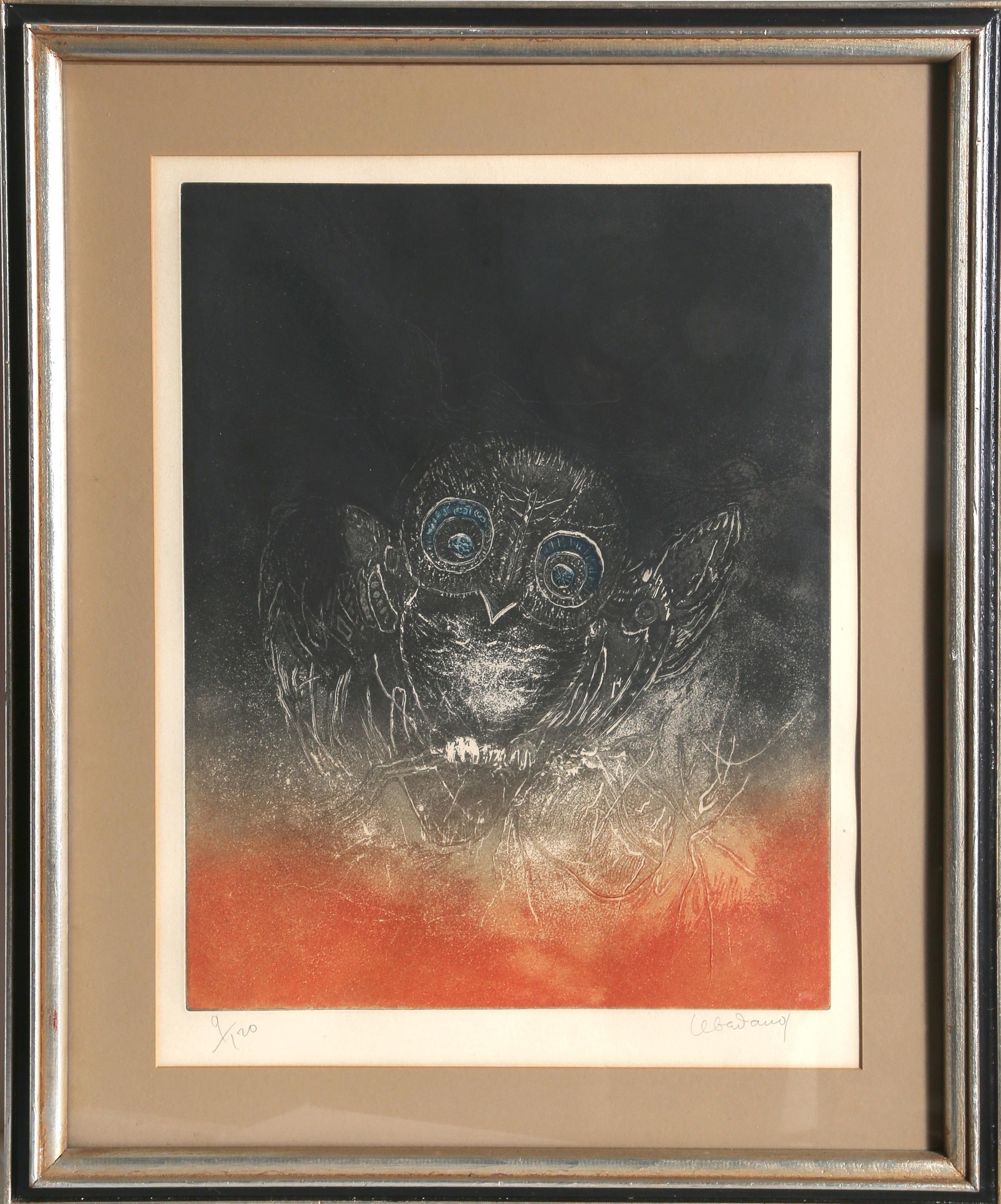 Lebadang (aka Hoi), Vietnamese (1922 - 2015) -  Owl. Year: circa 1975, Medium: Aquatint Etching, signed and numbered in pencil, Edition: 9/120, Image Size: 22.5 x 17.5 inches, Frame Size: 32.5 x 27 inches, Description: This charming etching of an