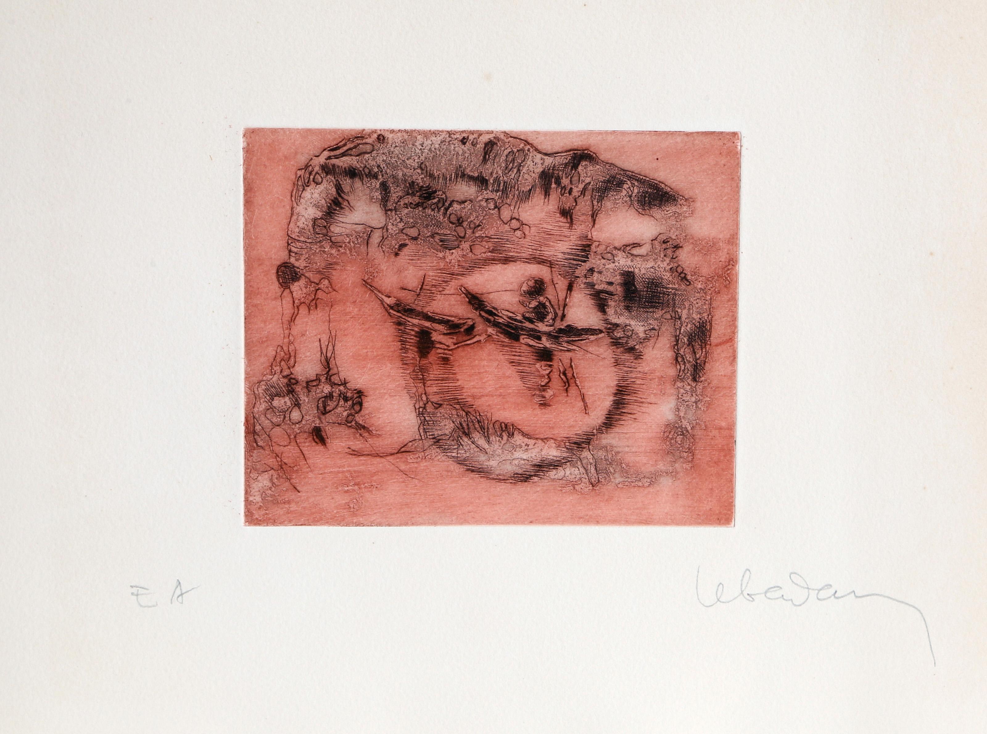 Lebadang (aka Hoi), Vietnamese (1922 - 2015) -  Paddling in the Sun (Red). Year: circa 1982, Medium: Etching with Relief, signed in pencil, Edition: EA, Image Size: 5 x 6 inches, Size: 9.5  x 10 in. (24.13  x 25.4 cm) 