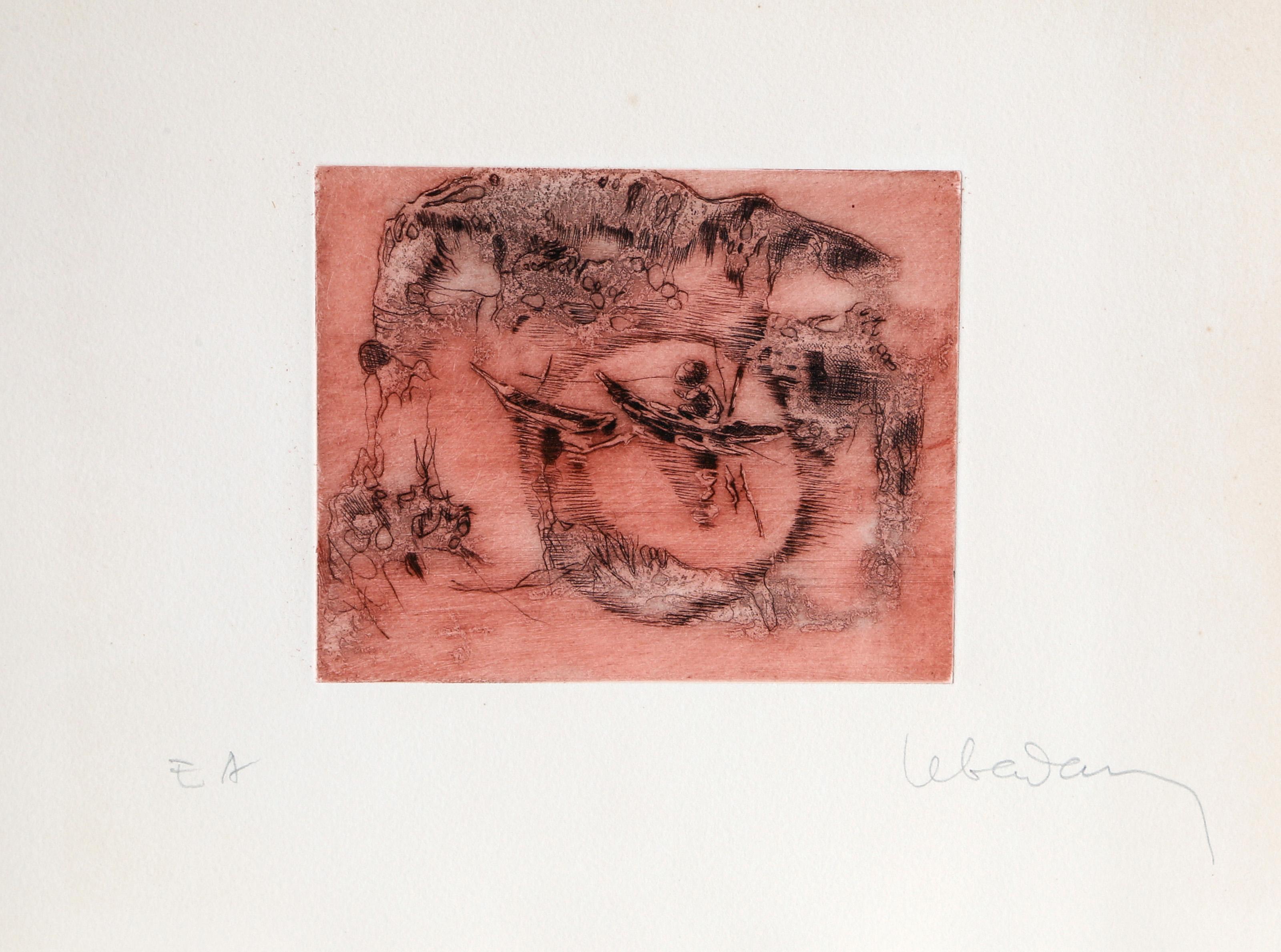 Lebadang (aka Hoi), Vietnamese (1922 - 2015) -  Paddling in the Sun (Red). Year: circa 1982, Medium: Etching with Relief, signed in pencil, Edition: EA, Image Size: 5 x 6 inches, Size: 9.5  x 10 in. (24.13  x 25.4 cm) 