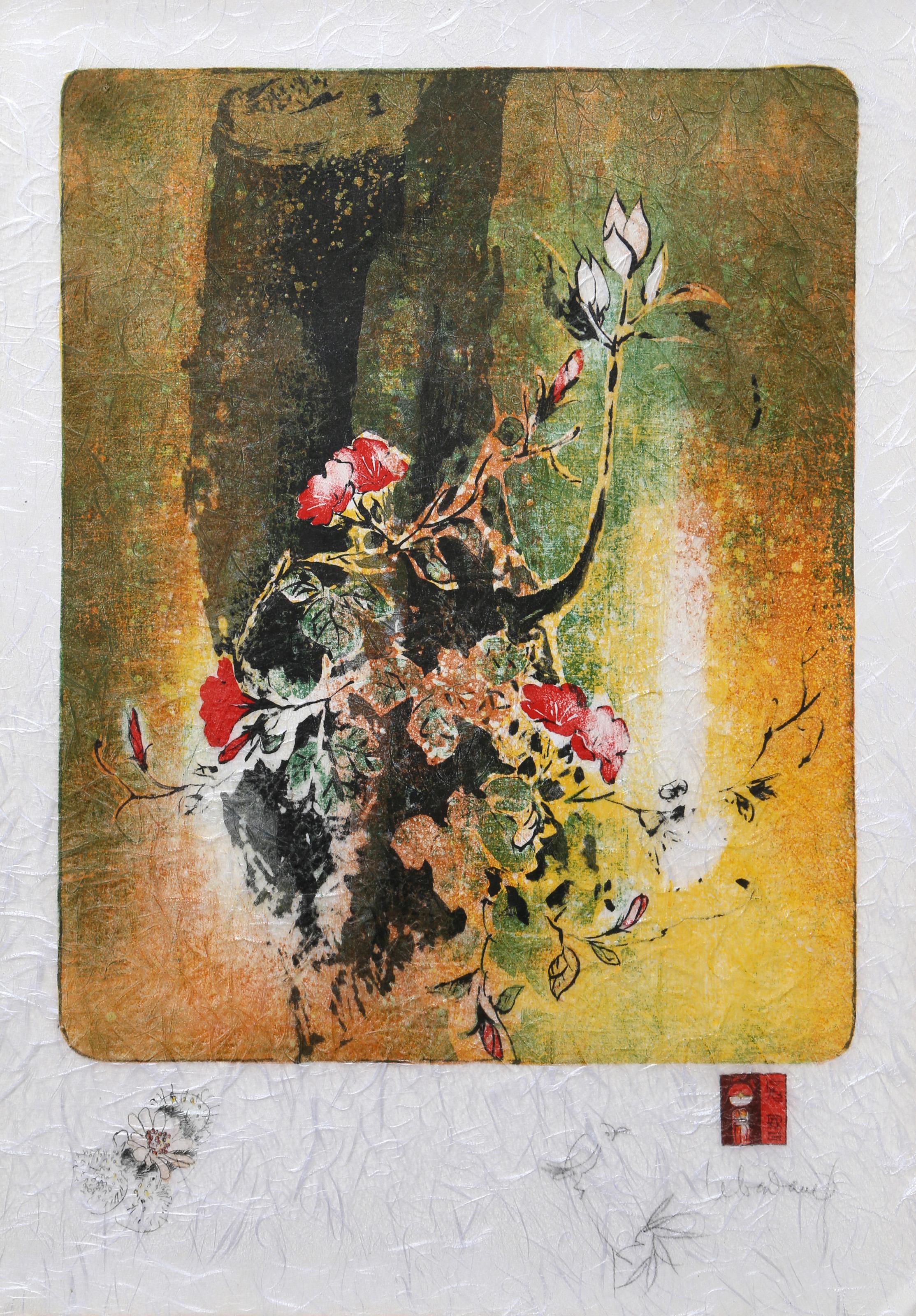 Lebadang (aka Hoi), Vietnamese (1922 - 2015) -  Red Blossoms on Orange. Year: circa 1970, Medium: Lithograph on Handmade paper, signed in pencil, Edition: EA, Size: 29 x 21 in. (73.66 x 53.34 cm) 