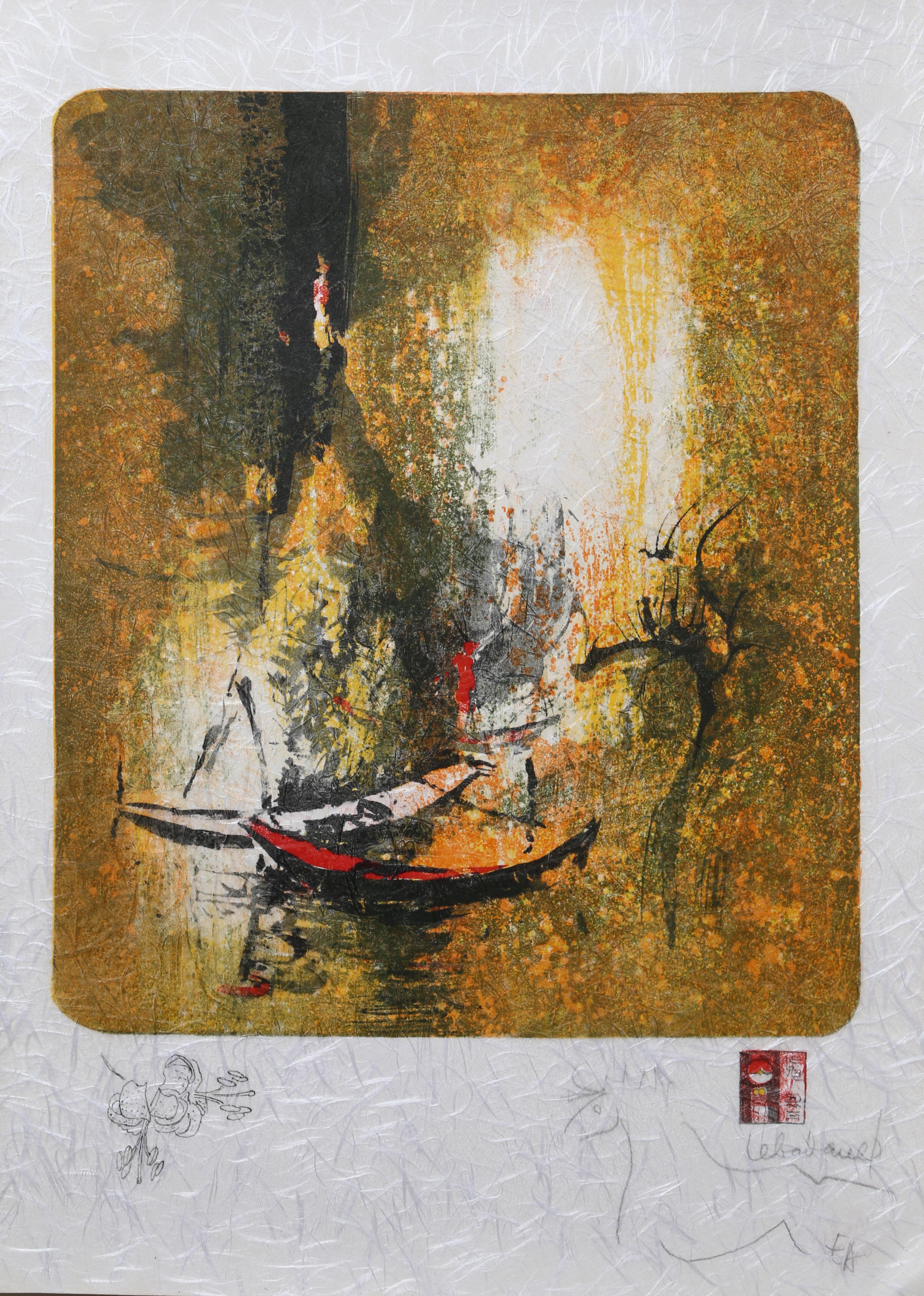 Hoi Lebadang Landscape Print - Red Boats on Orange, Lithograph by Lebadang