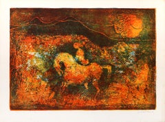 Cavalcare a cavallo attraverso il Wood, litografia astratta cantata di Hoi Lebadang