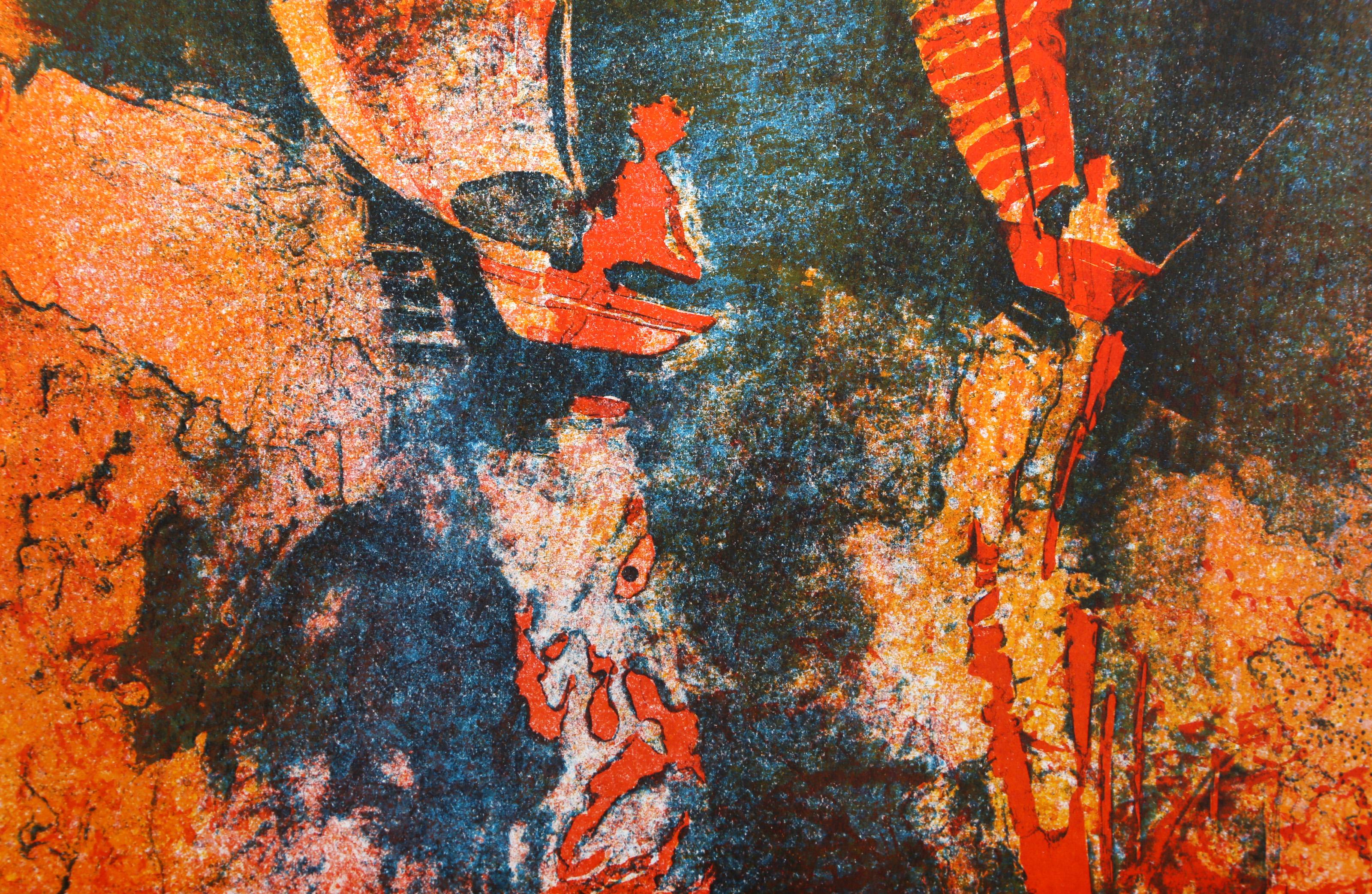 River Scene 2, Colorful Abstract Lithograph by Hoi Lebadang For Sale 1