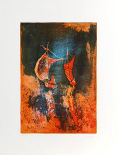 Scena di fiume 2, litografia astratta colorata di Hoi Lebadang
