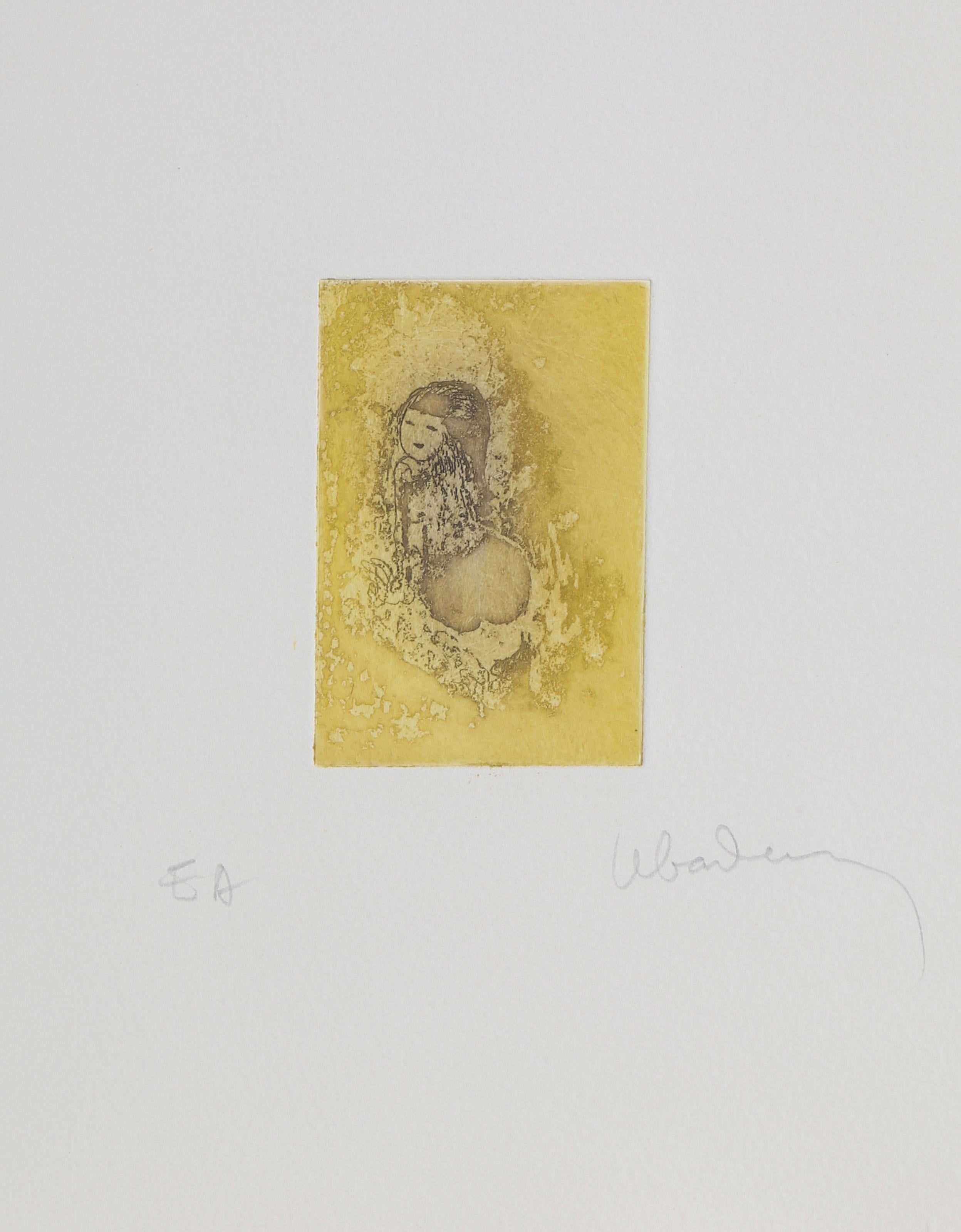 Lebadang (alias Hoi), Vietnamese (1922 - 2015) -  Sitzende Frau mit Blick zurück. Jahr: circa 1982, Medium: Radierung mit Relief, mit Bleistift signiert, Auflage: EA, Größe: 10 x 9 Zoll (25,4 x 22,86 cm) 