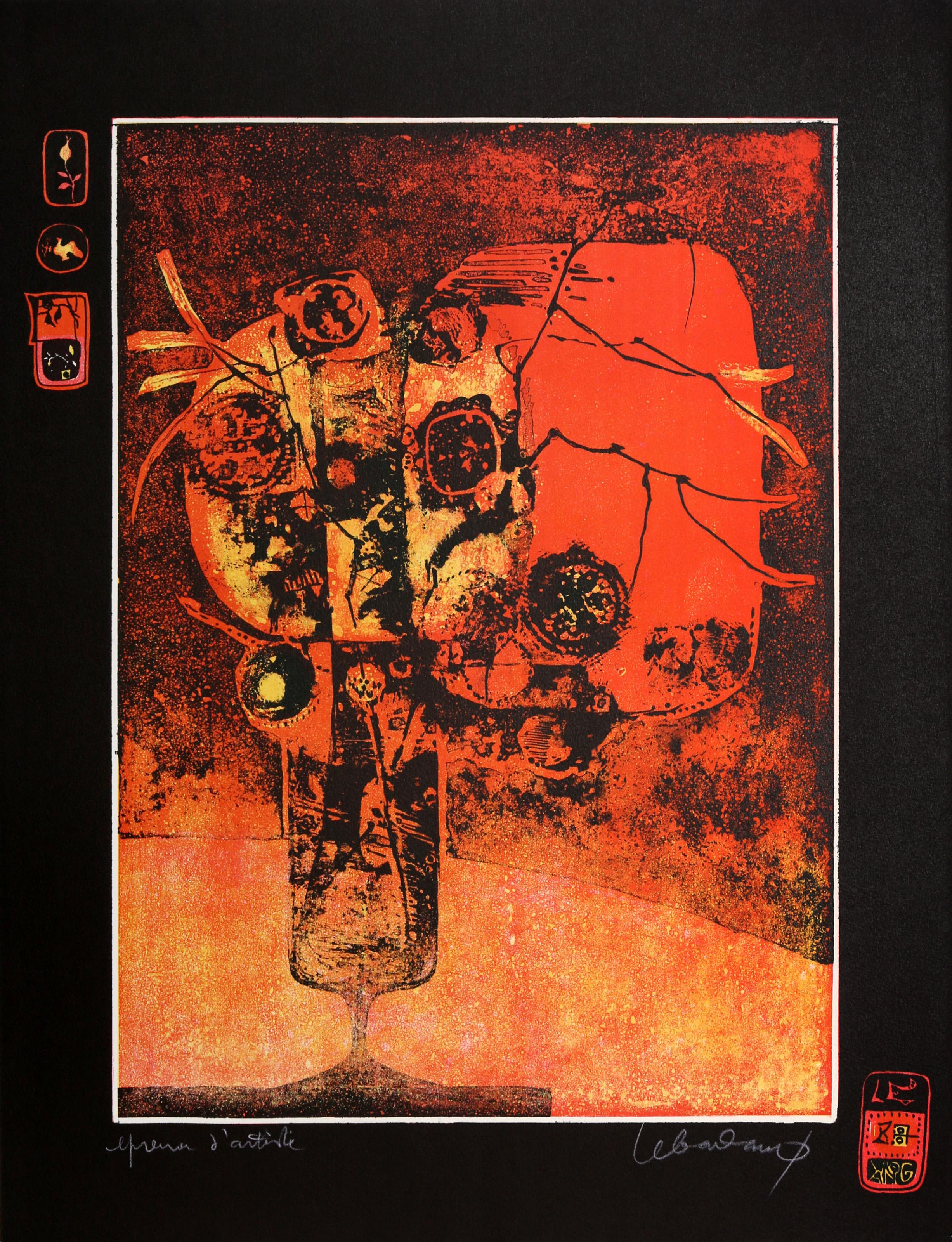 Lebadang (alias Hoi), vietnamita (1922 - 2015) -  Naturaleza muerta en rojo y negro. Medio: Litografía, firmada y numerada a lápiz, Edición: E.A., Tamaño de la imagen: 21 x 15 pulgadas, Tamaño: 26 x 20 pulgadas (66,04 x 50,8 cm), Descripción: