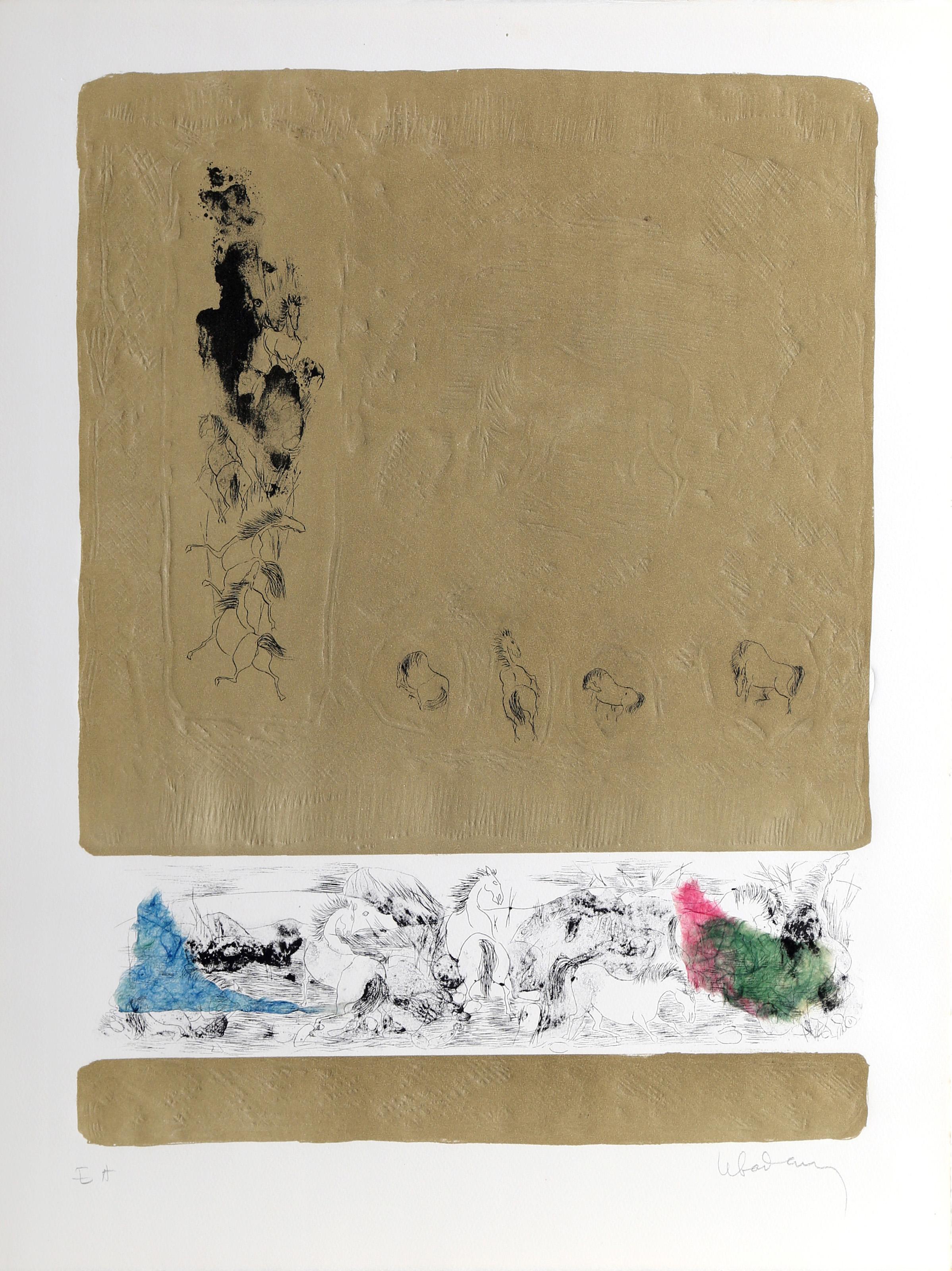 Lebadang (aka Hoi), Vietnamese (1922 - 2015) -  Stone Horses 8. Medium: Etching, signed and numbered on pencil, Edition: E.A., Image Size: 22 x 16.75 inches, Size: 26 x 19.75 in. (66.04 x 50.17 cm), Description: Lebadang was a Vietnam-born French
