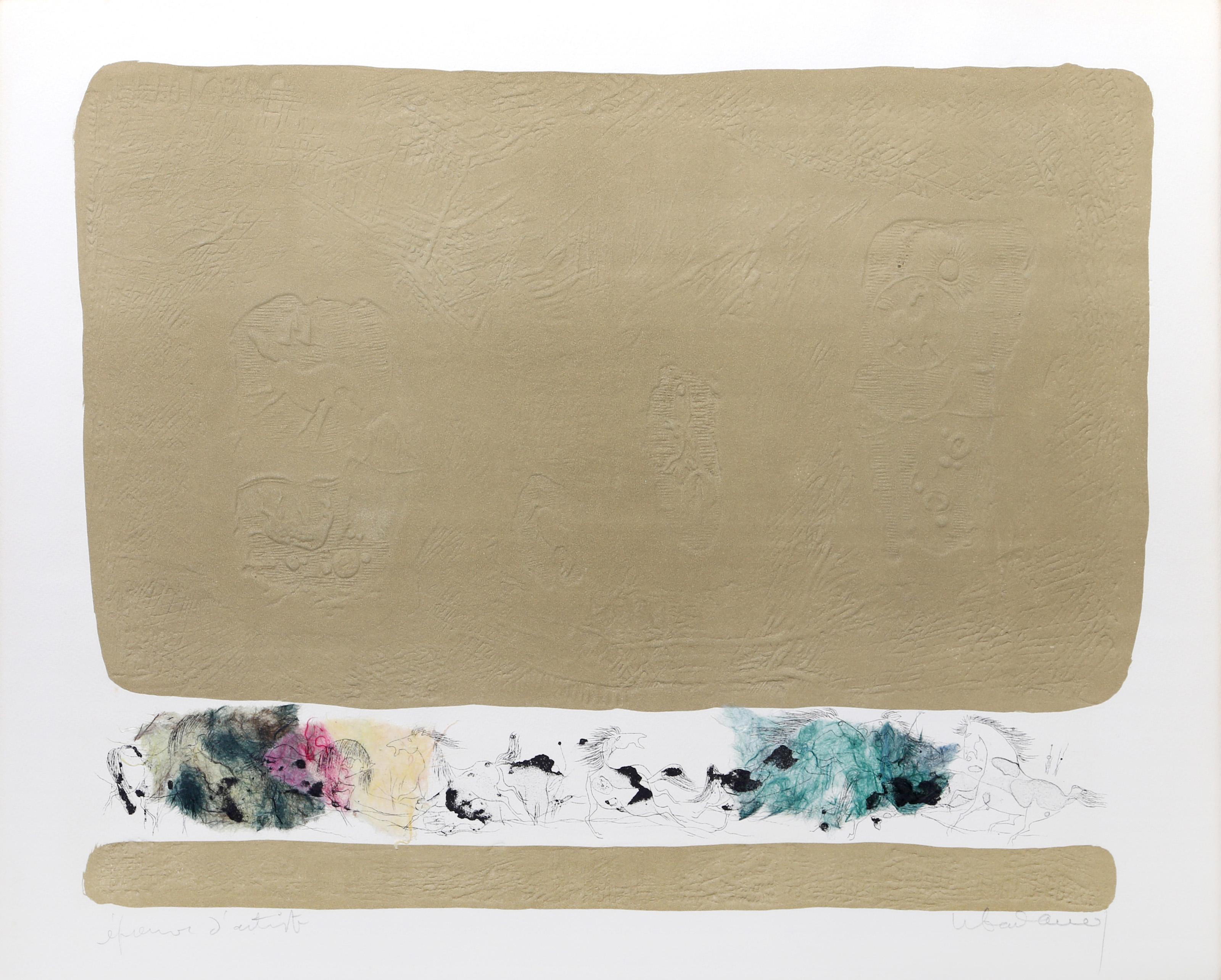 Lebadang (alias Hoi), Vietnamien (1922 - 2015) -  Chevaux de pierre. Année : circa 1980, Médium : Gravure, signée et numérotée au crayon, Edition : E.A., Taille de l'image : 16.5 x 22.5 pouces, Taille : 19.75 x 26 in. (50.17 x 66.04 cm), Description