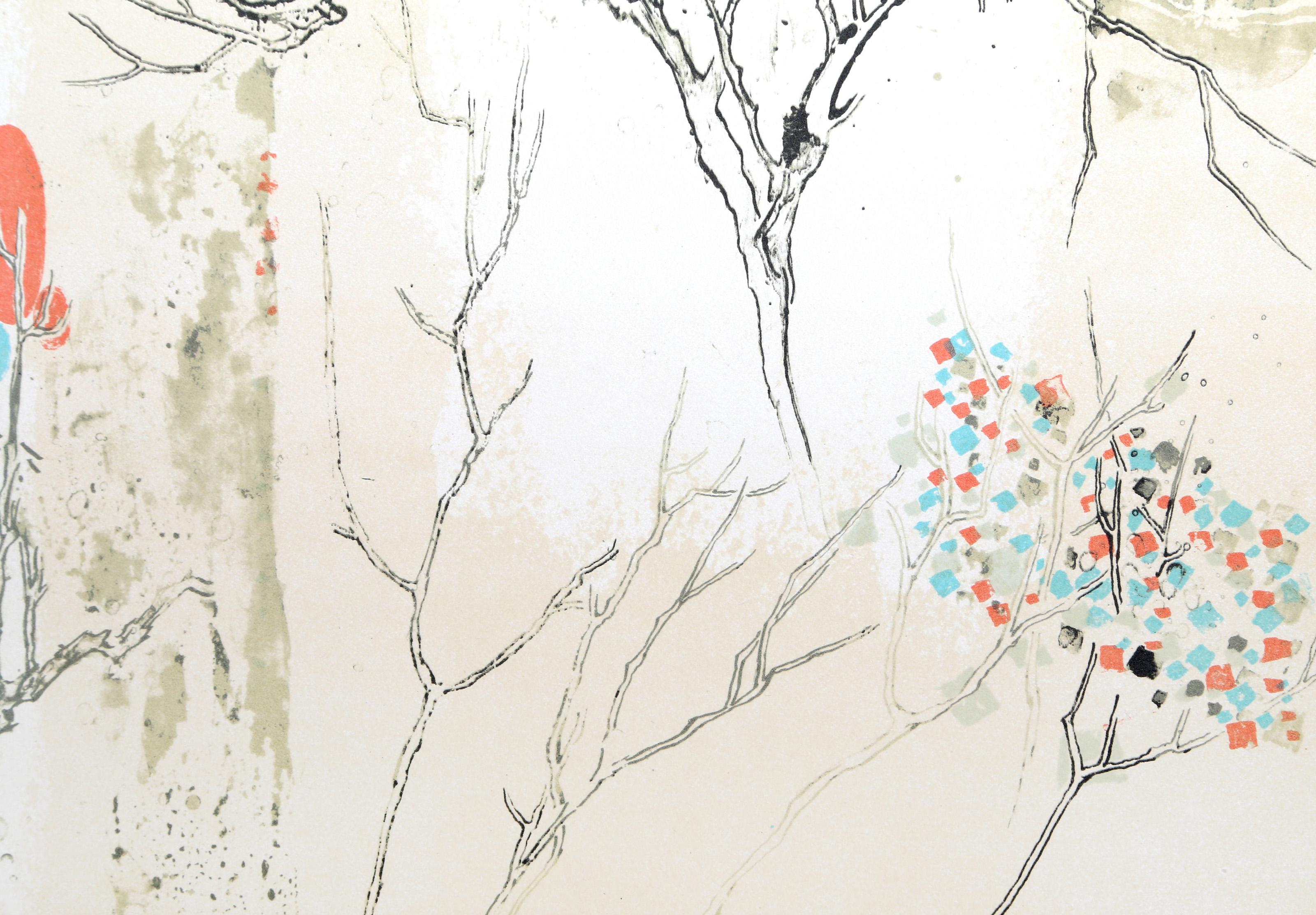 Tree and Mountain Landscape, Abstract Lithograph by Hoi Lebadang For Sale 1