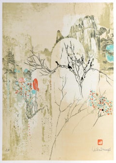Paysage d'arbres et de montagne, lithographie de Hoi Lebadang