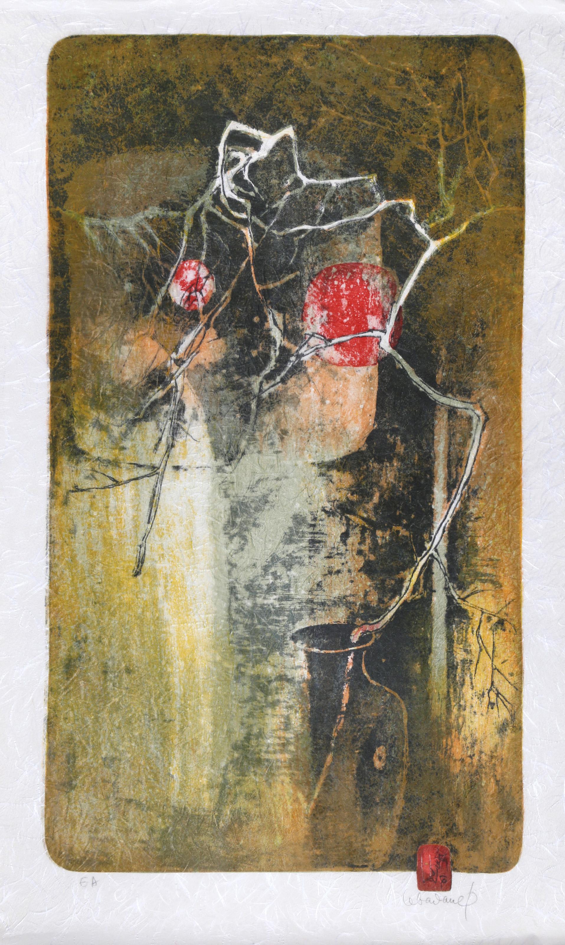 Lebadang (aka Hoi), Vietnamese (1922 - 2015) -  Tree with Two Red Suns. Year: circa 1970, Medium: Lithograph on Japon, mounted to Arches, signed in pencil, Edition: EA, Size: 39  x 25 in. (99.06  x 63.5 cm) 