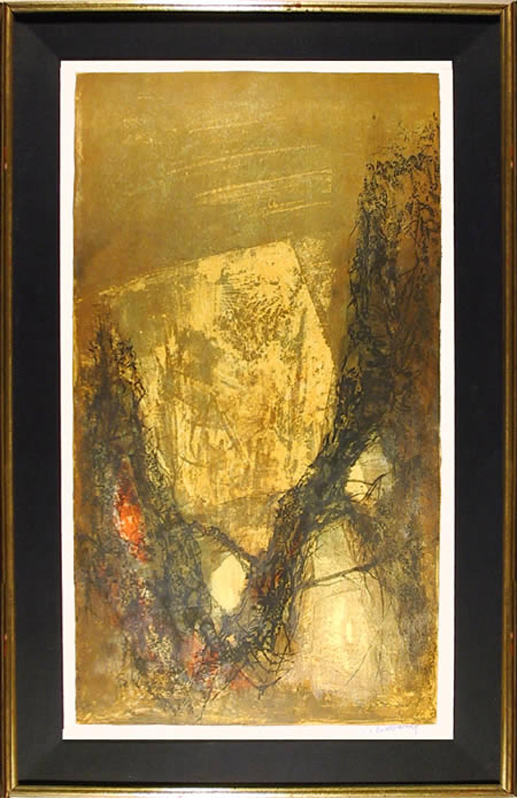 Lebadang (aka Hoi), Vietnamese (1922 - 2015) -  Untitled - Abstract in Gold. Year: Circa 1980, Medium: Lithograph, Edition: 23/120, Size: 27.5 x 21 in. (69.85 x 53.34 cm), Frame Size: 44 x 28 inches 