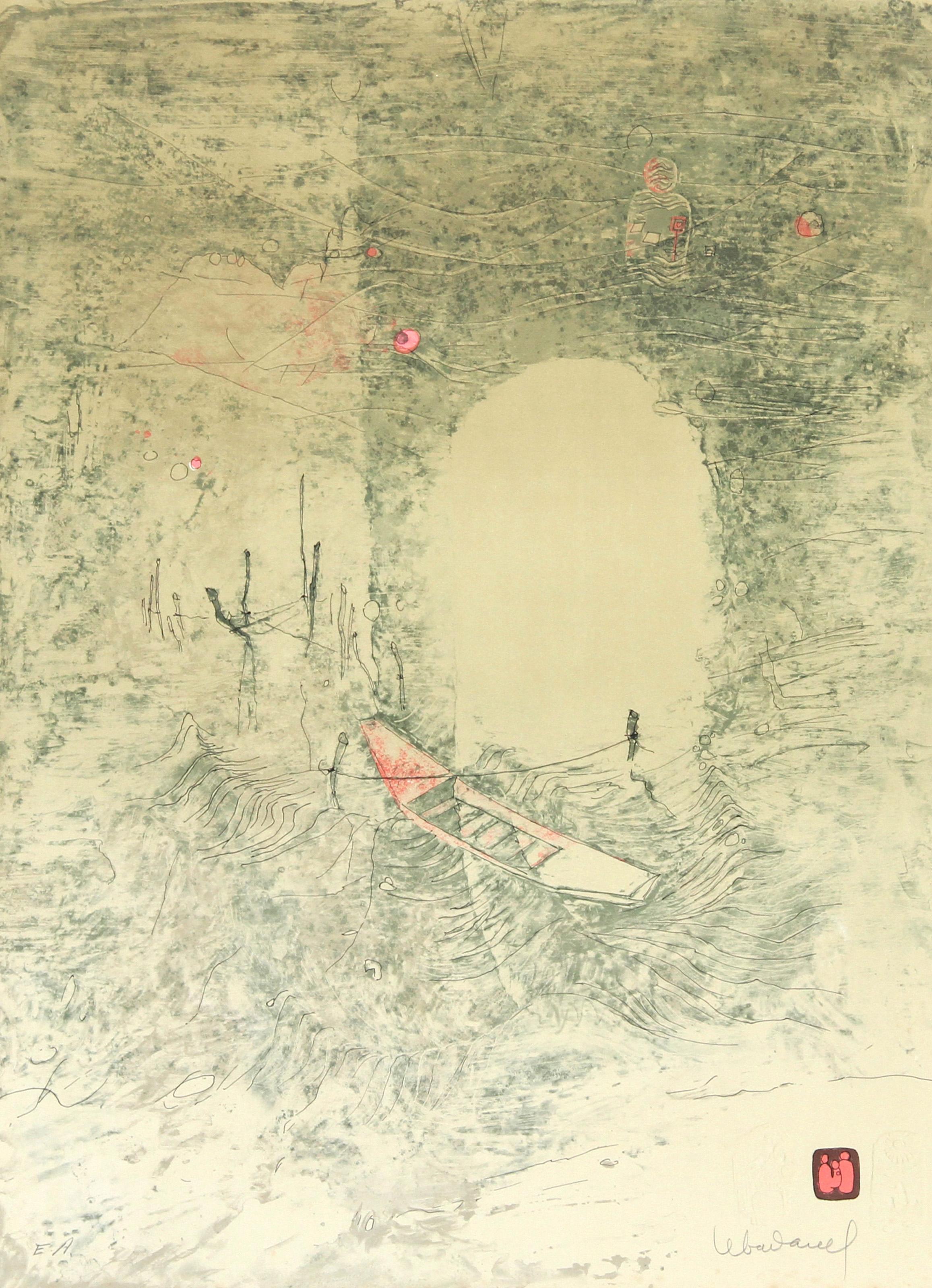 Hoi Lebadang (alias Hoi), vietnamita (1922 - 2015) -  Senza titolo - Barca al porto. Medio: Litografia con acquaforte, Firmato a matita, Edizione: EA, Dimensioni: 30  x 22 pollici (76,2  x 55,88 cm) 