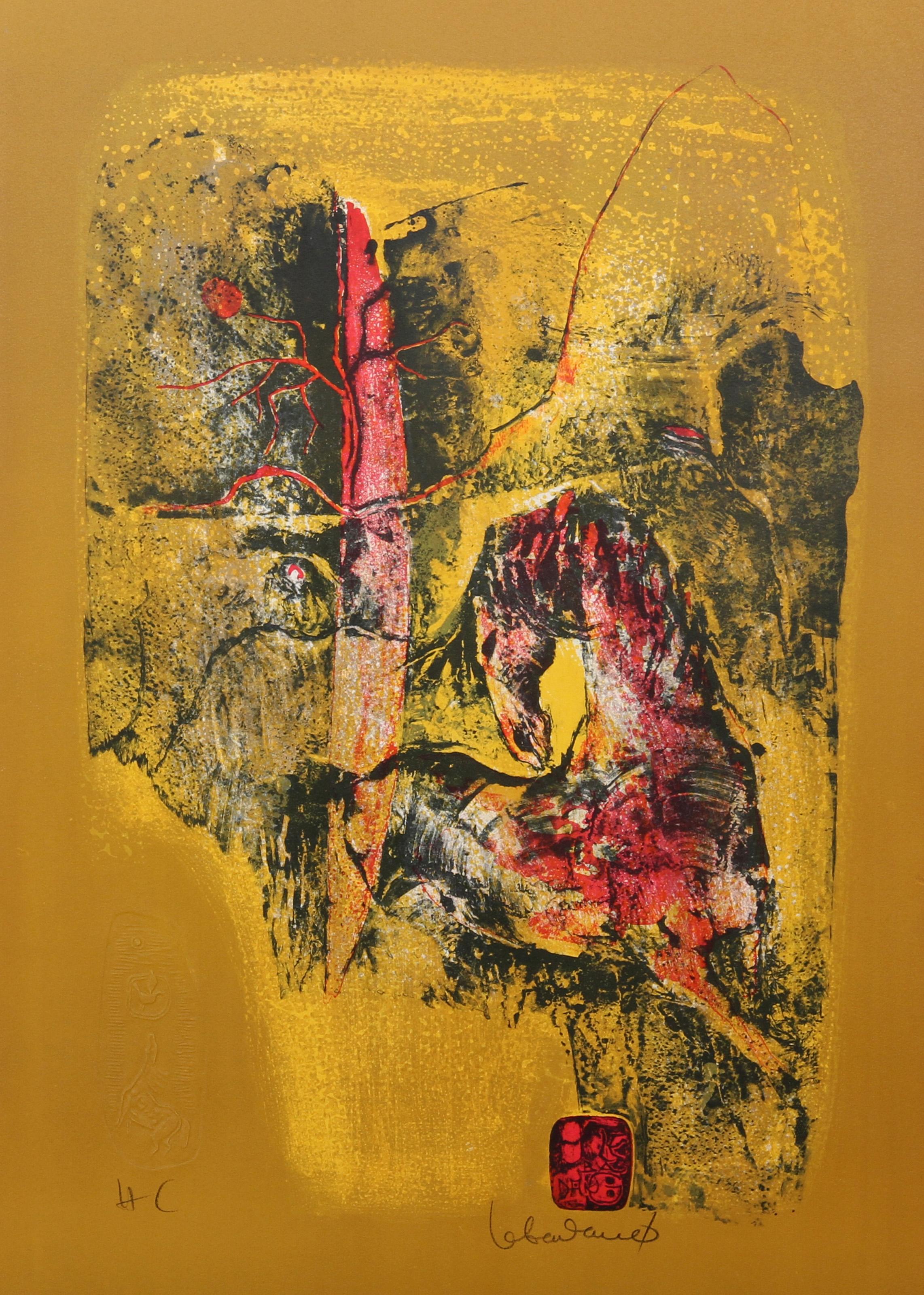Lebadang (aka Hoi), Vietnamese (1922 - 2015) -  Untitled - Gold and Red Abstract. Year: circa 1970, Medium: Lithograph, Signed and Numbered in Pencil, Edition: LXXXVII/CL, Size: 29.5 in. x 22 in. (74.93 cm x 55.88 cm) 