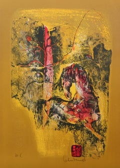 Untitled - Gold and Red Abstract, Lithograph by Hoi Lebadang