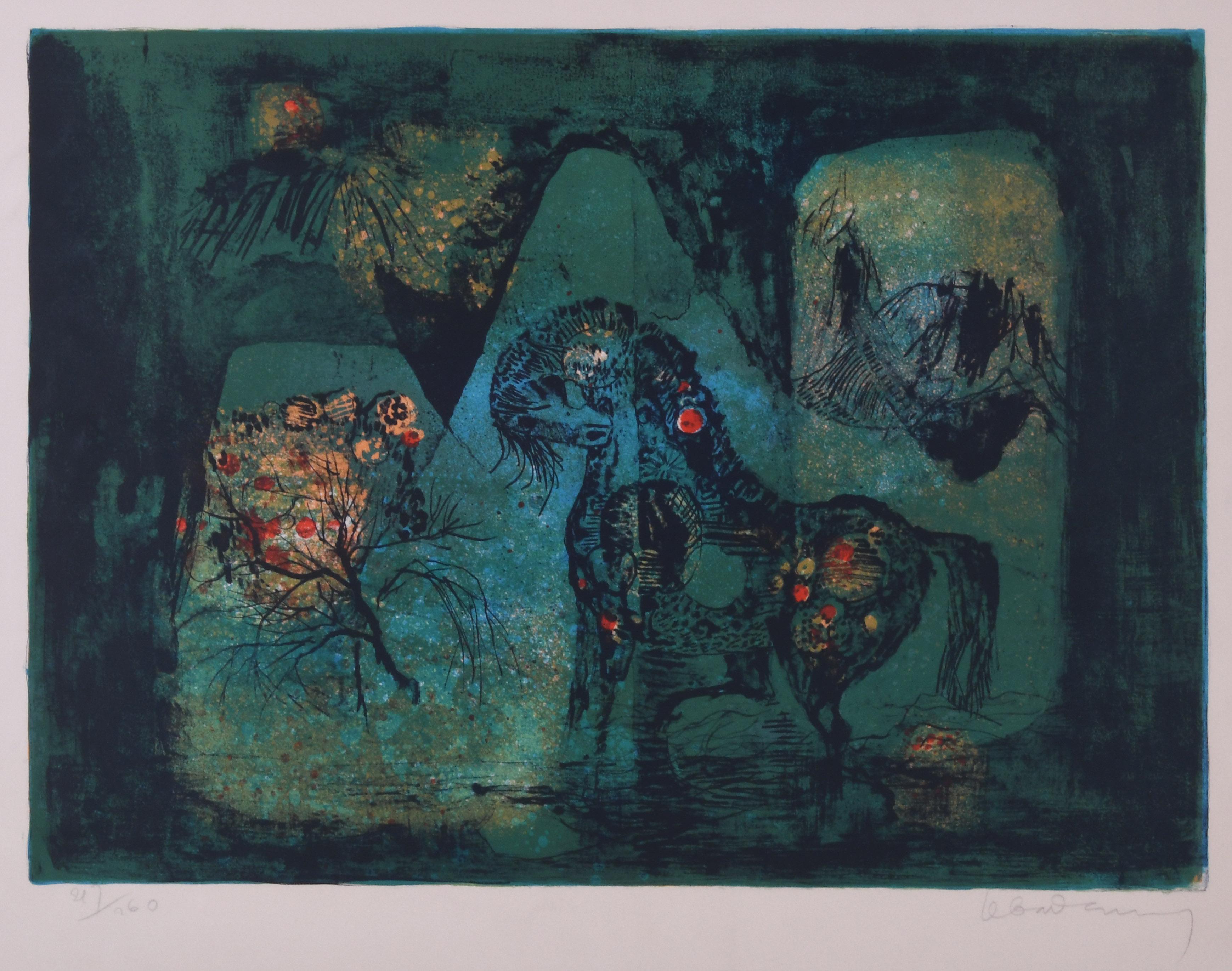 Hoi Lebadang Animal Print - Untitled (landscape with horse and flowers)