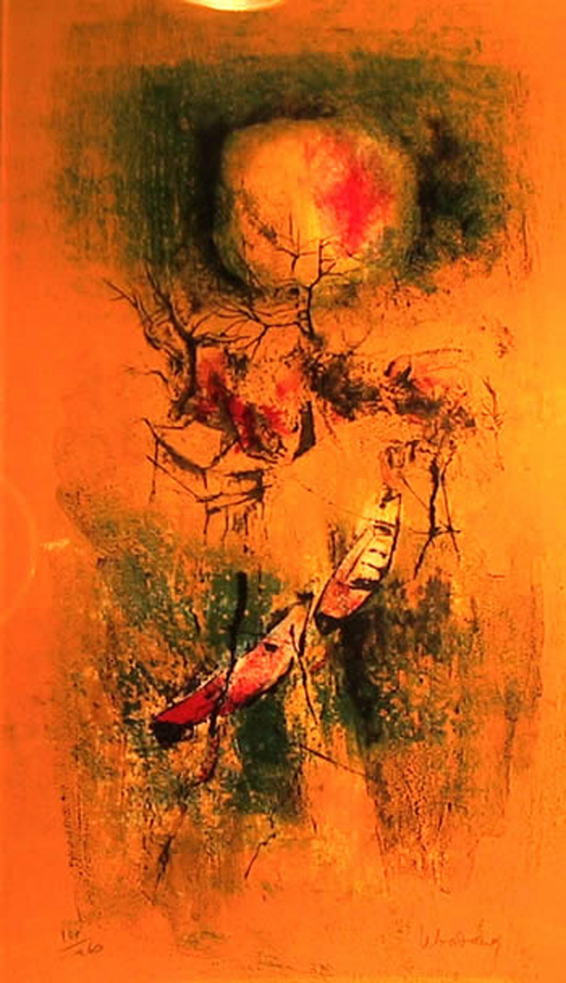 Lebadang (aka Hoi), Vietnamese (1922 - 2015) -  Untitled - Two Boats and Hut. Year: Circa 1970, Medium: Lithograph, signed and numbered in pencil, Edition: 260, Size: 32  x 18 in. (81.28  x 45.72 cm), Frame Size: 33 x 19 inches 