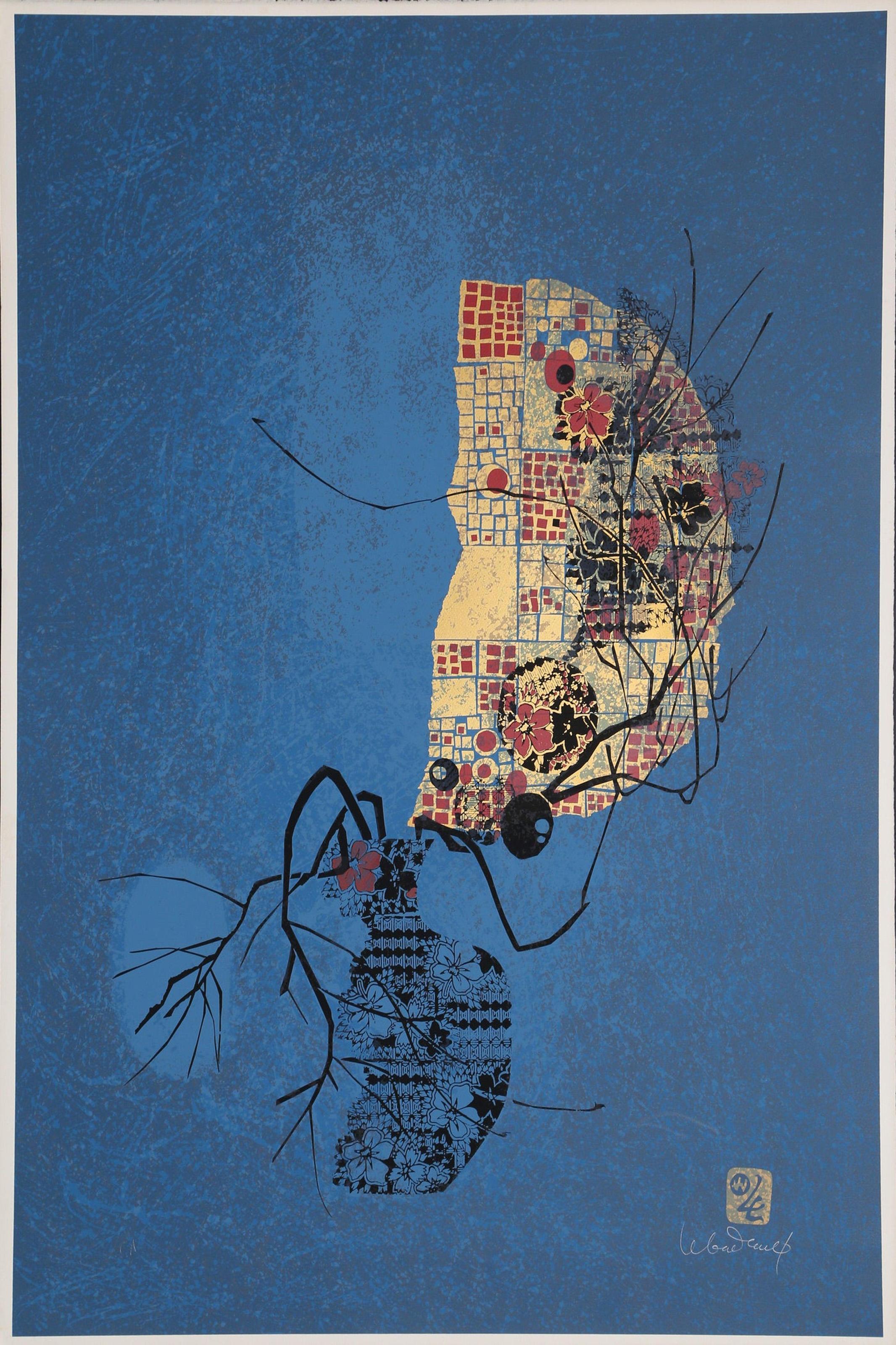 Lebadang (aka Hoi), Vietnamese (1922 - 2015) -  Vase on Blue. Year: 1988-1989, Medium: Screenprint, signed and numbered in pencil, Edition: 203/275, Size: 45.5 x 30 in. (115.57 x 76.2 cm), Frame Size: 59 x 43 inches, Description: Lebadang was a
