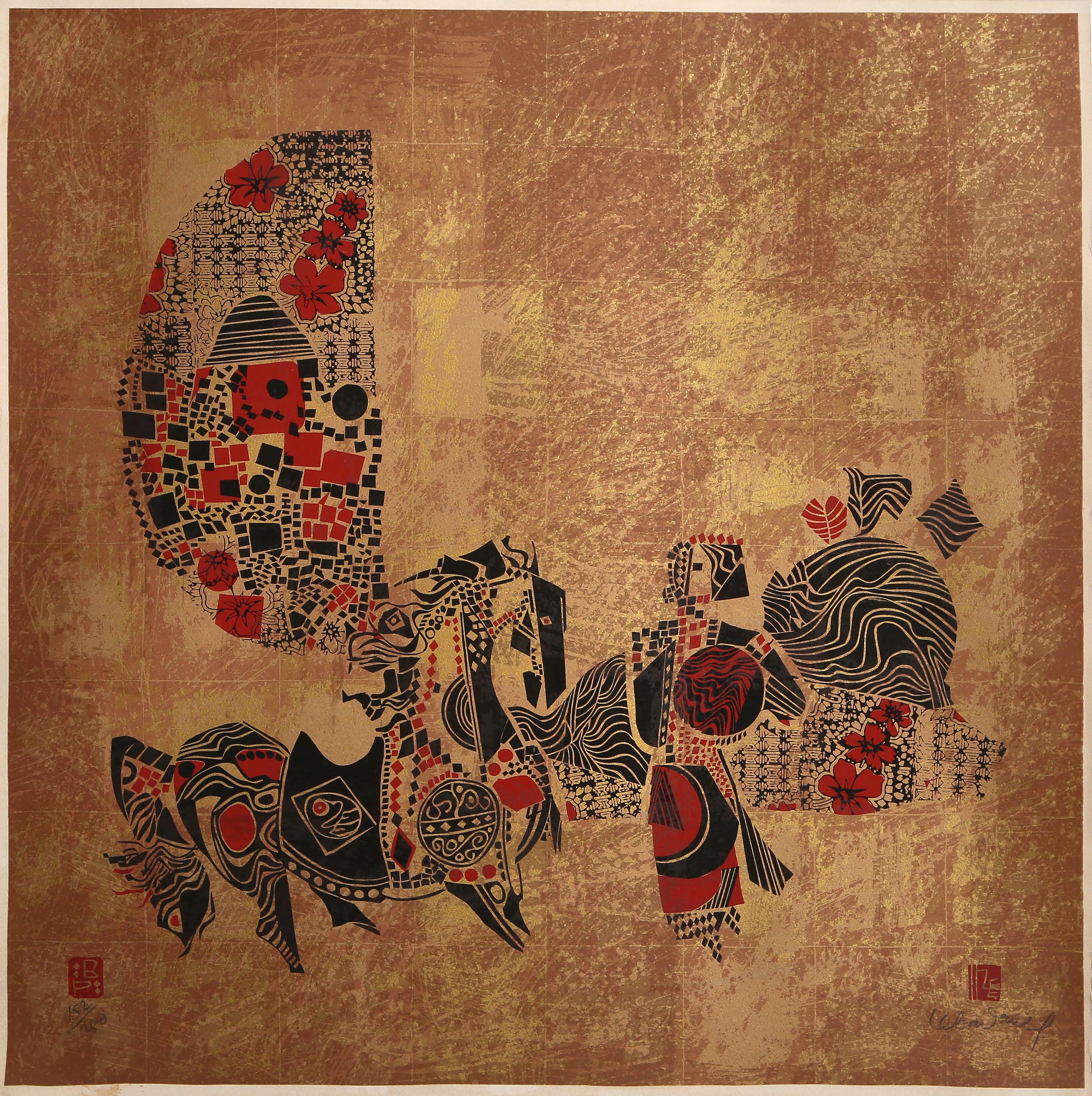 Warrior in Gold, Signed Abstract Lithograph by Hoi Lebadang
