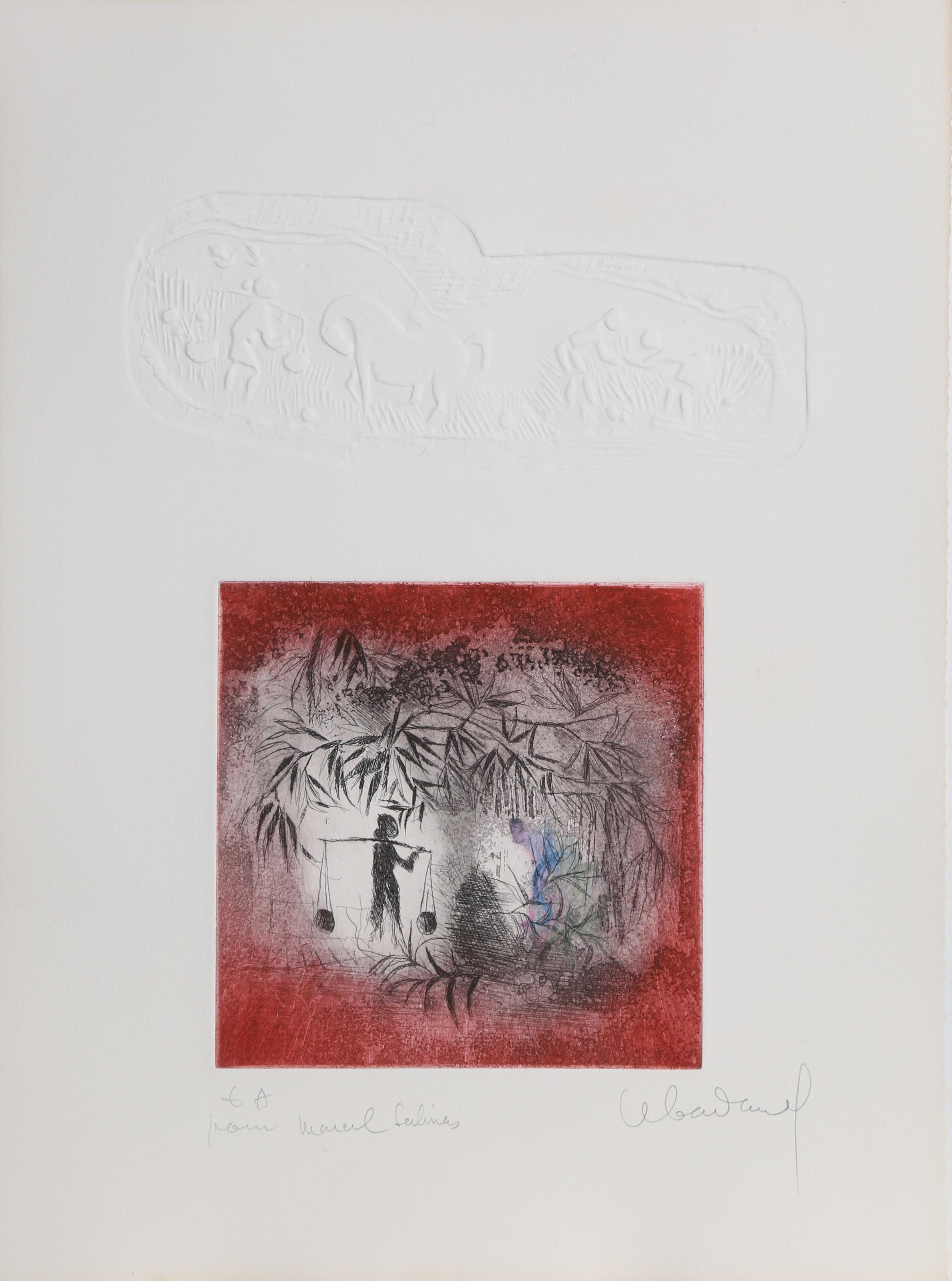 Lebadang (aka Hoi), Vietnamese (1922 - 2015) -  Water Carrier. Year: circa 1970, Medium: Etching with Relief, signed and dedicated in pencil, Edition: EA, Size: 15  x 10 in. (38.1  x 25.4 cm) 